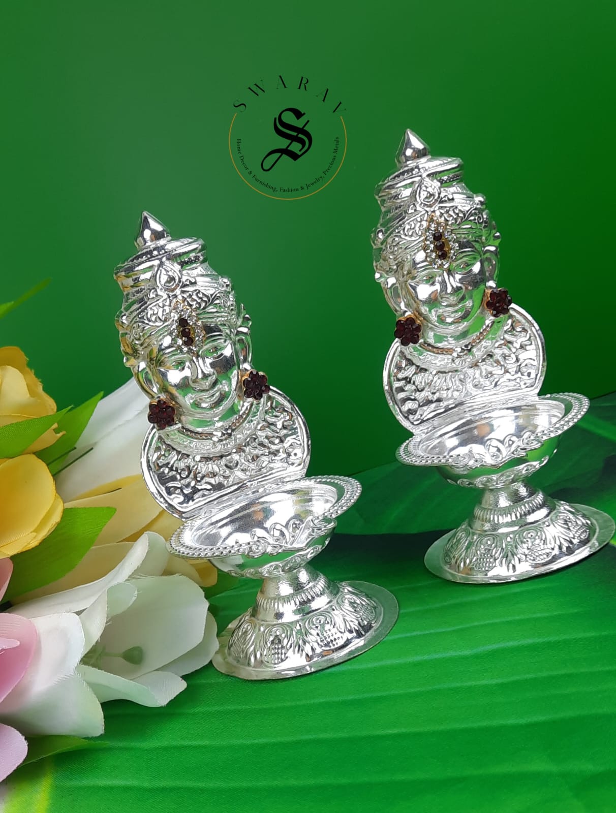 German Silver Lakshmi Face Diya - Set of 2.