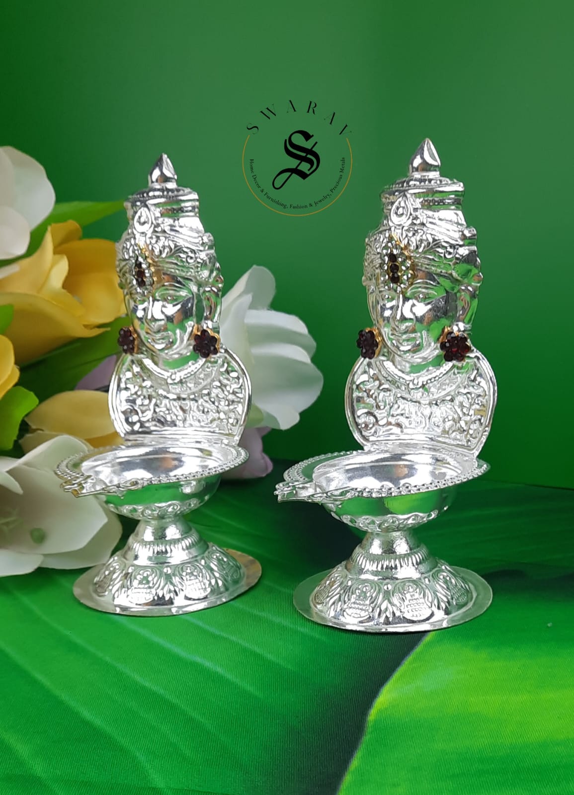 German Silver Lakshmi Face Diya - Set of 2.