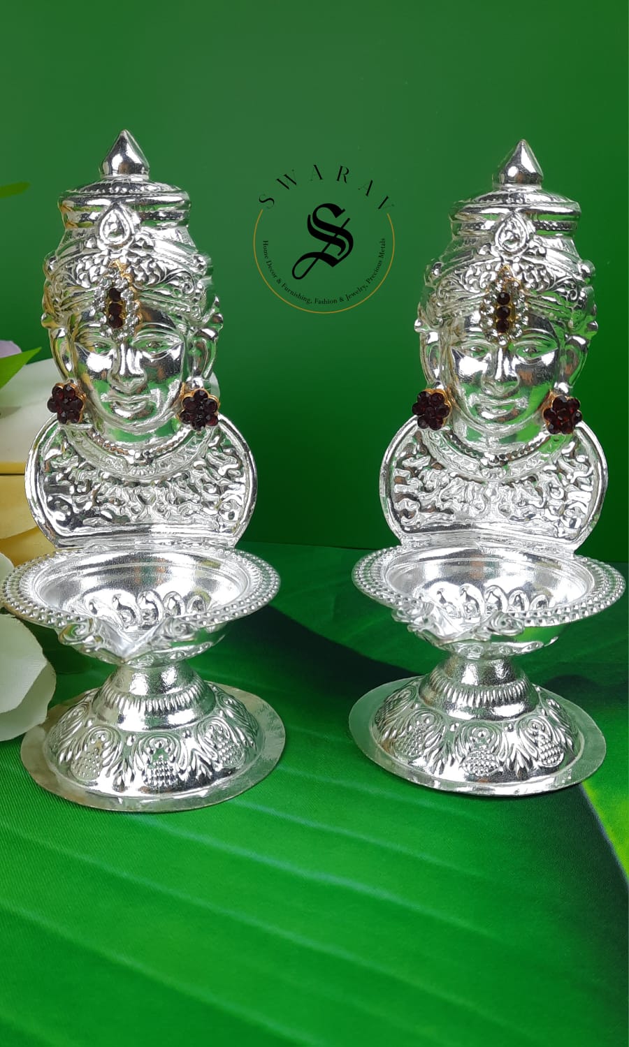 German Silver Lakshmi Face Diya - Set of 2.