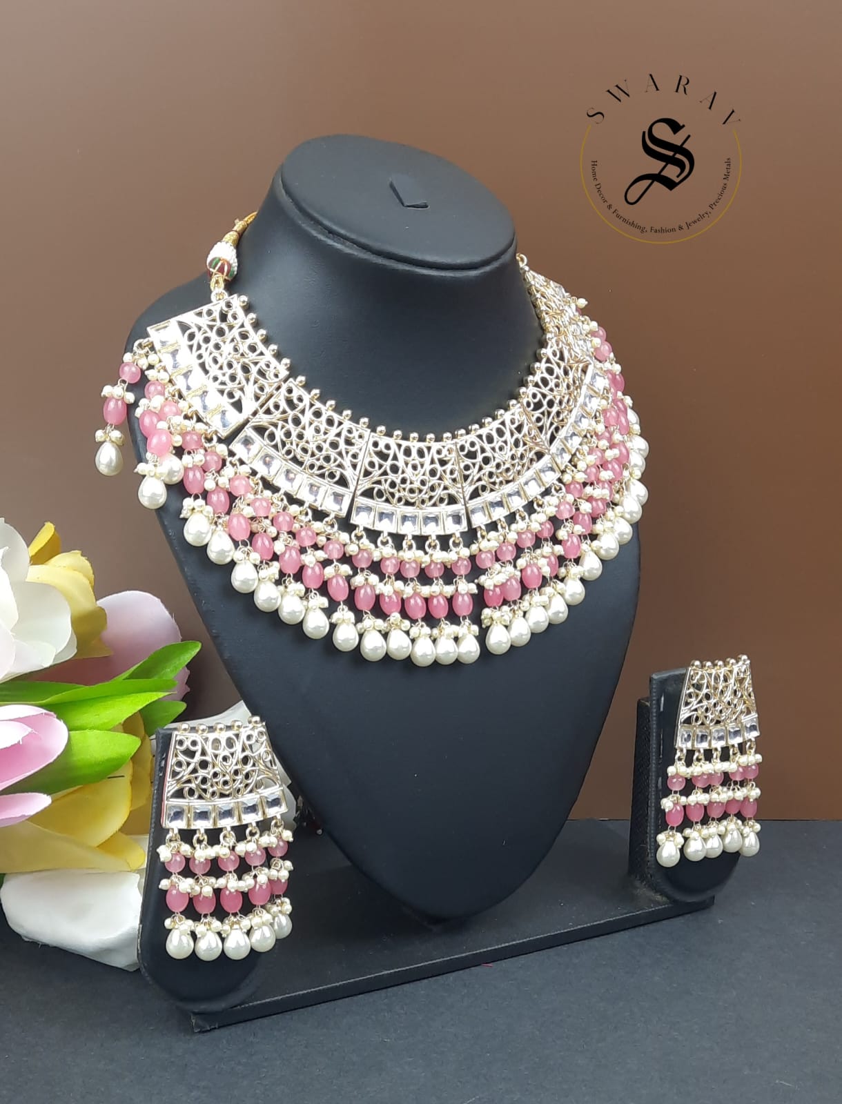 Hand made Kundan and Beads Jaipur Necklace set with Laser cut Design. (Color - Peach)