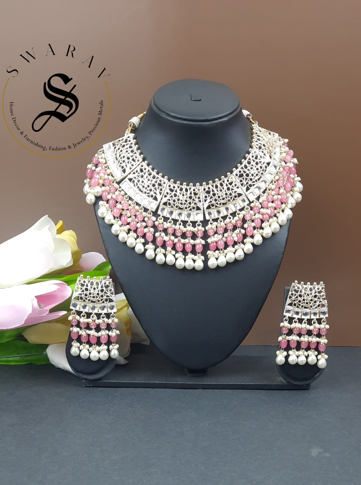 Hand made Kundan and Beads Jaipur Necklace set with Laser cut Design. (Color - Peach)