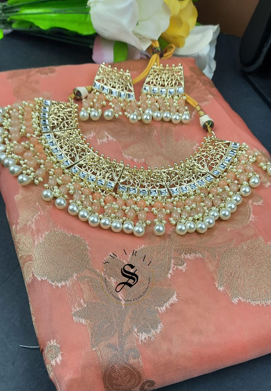 Organza Banarasi with matching Jaipur Jewelry Necklace Set.( 4+ Colors to choose from)