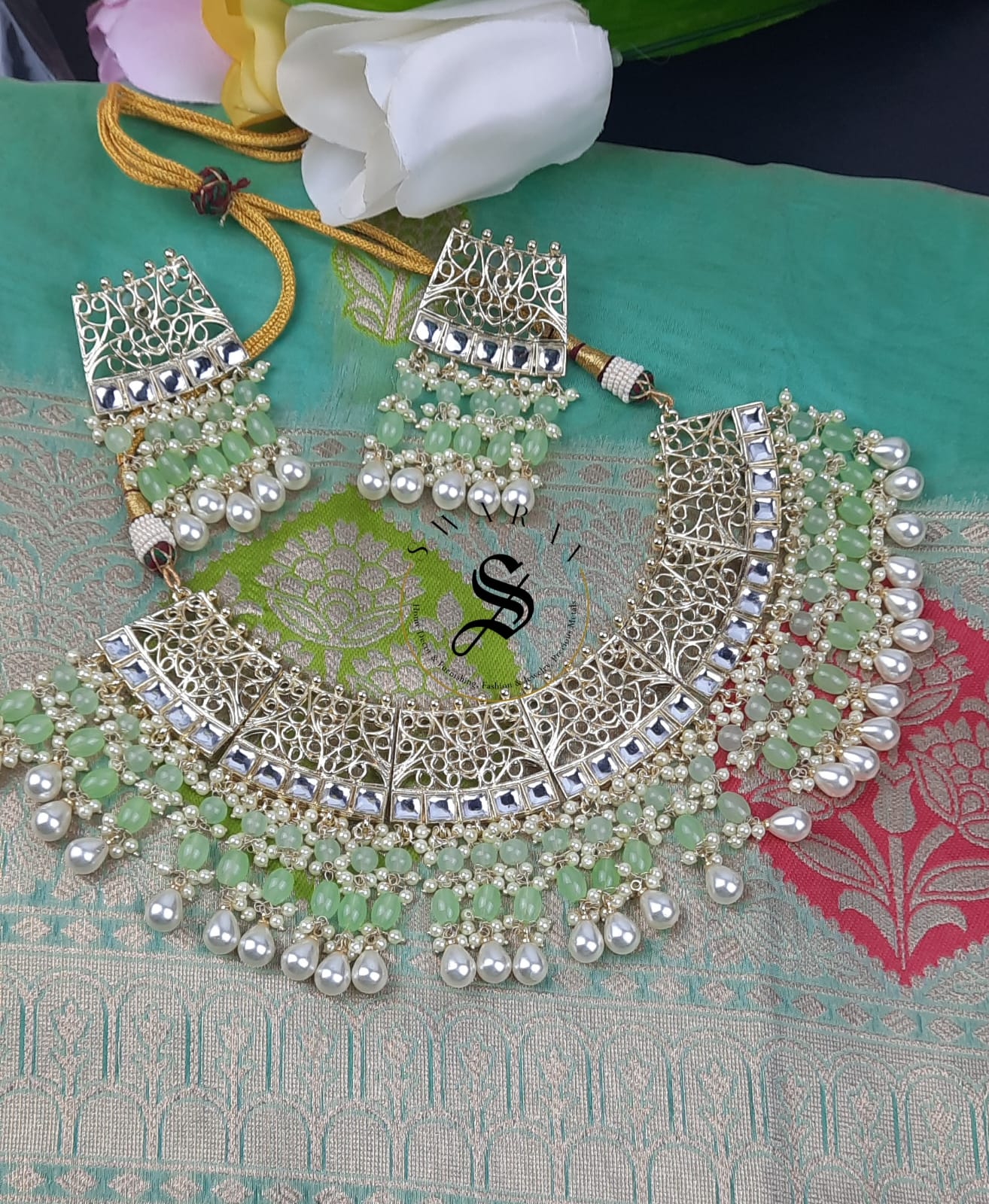 Organza Banarasi with matching Jaipur Jewelry Necklace Set.( 4+ Colors to choose from)