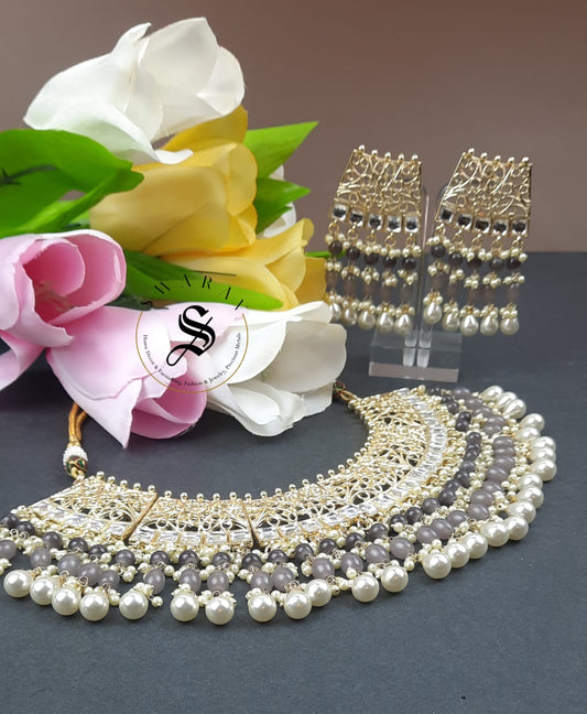 Hand made Kundan and Beads Jaipur Necklace set with Laser cut Design. (Color - Gray )