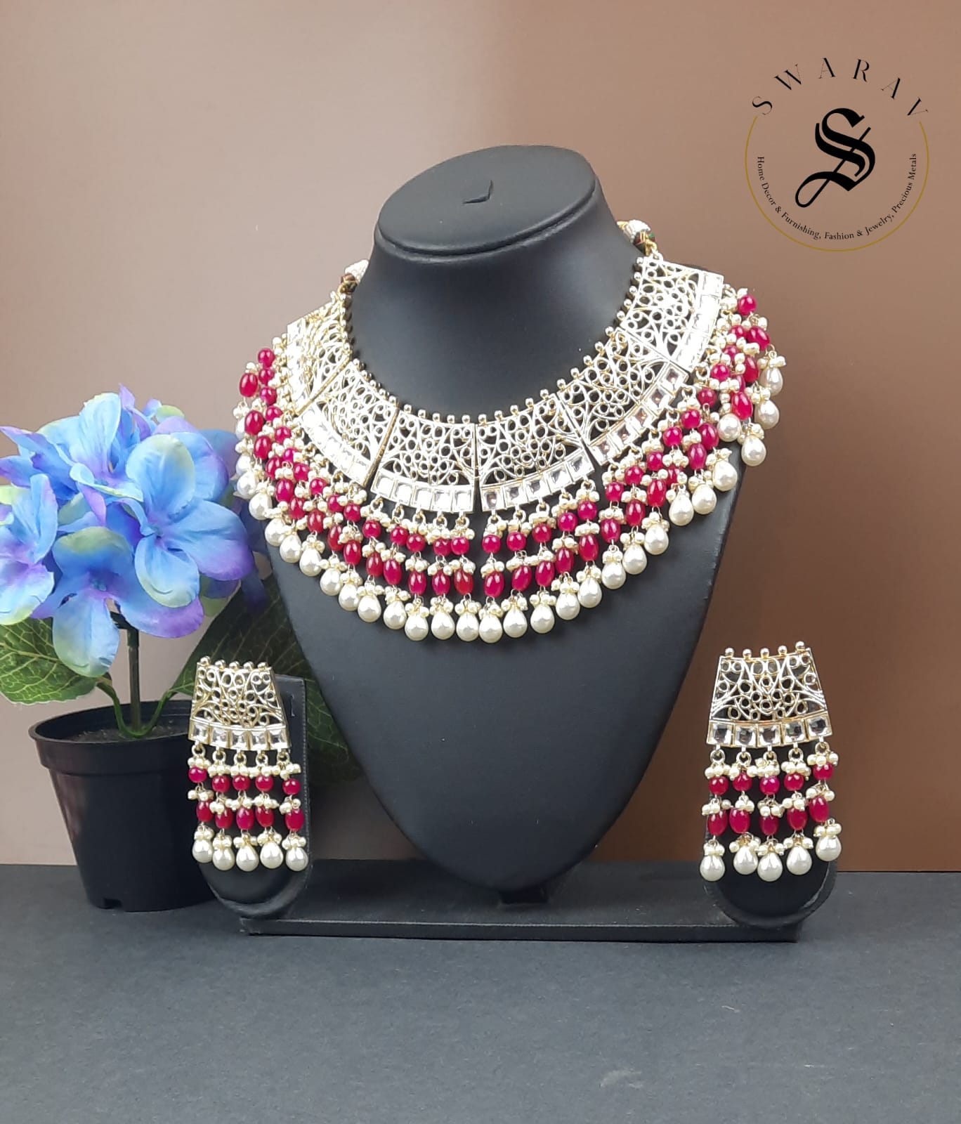 Hand made Kundan and Beads Jaipur Necklace set with Laser cut Design. (Color - Red)