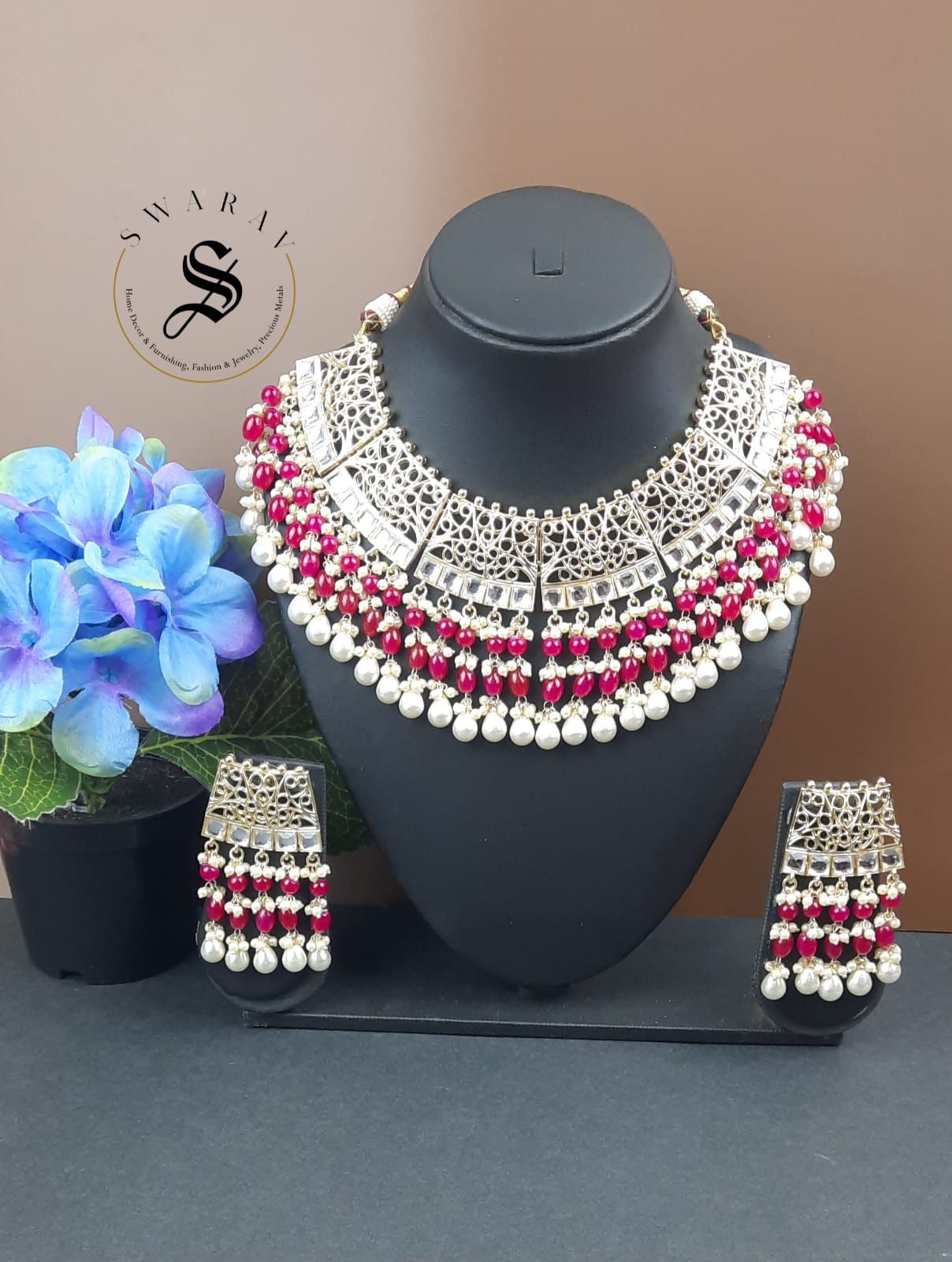 Hand made Kundan and Beads Jaipur Necklace set with Laser cut Design. (Color - Red)