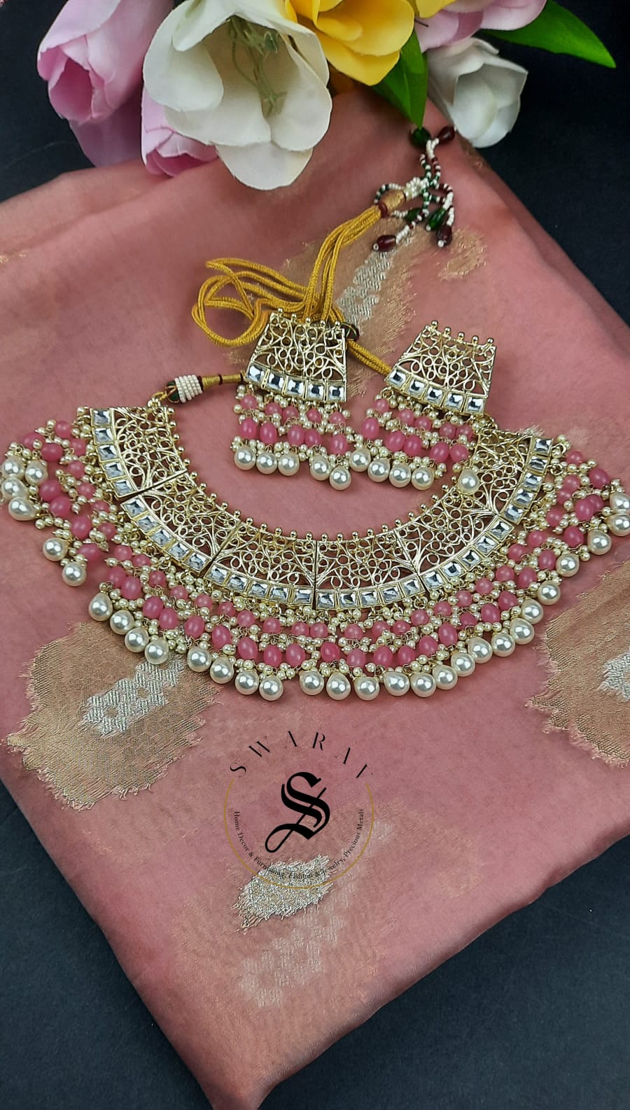 Organza Banarasi with matching Jaipur Jewelry Necklace Set.( 4+ Colors to choose from)