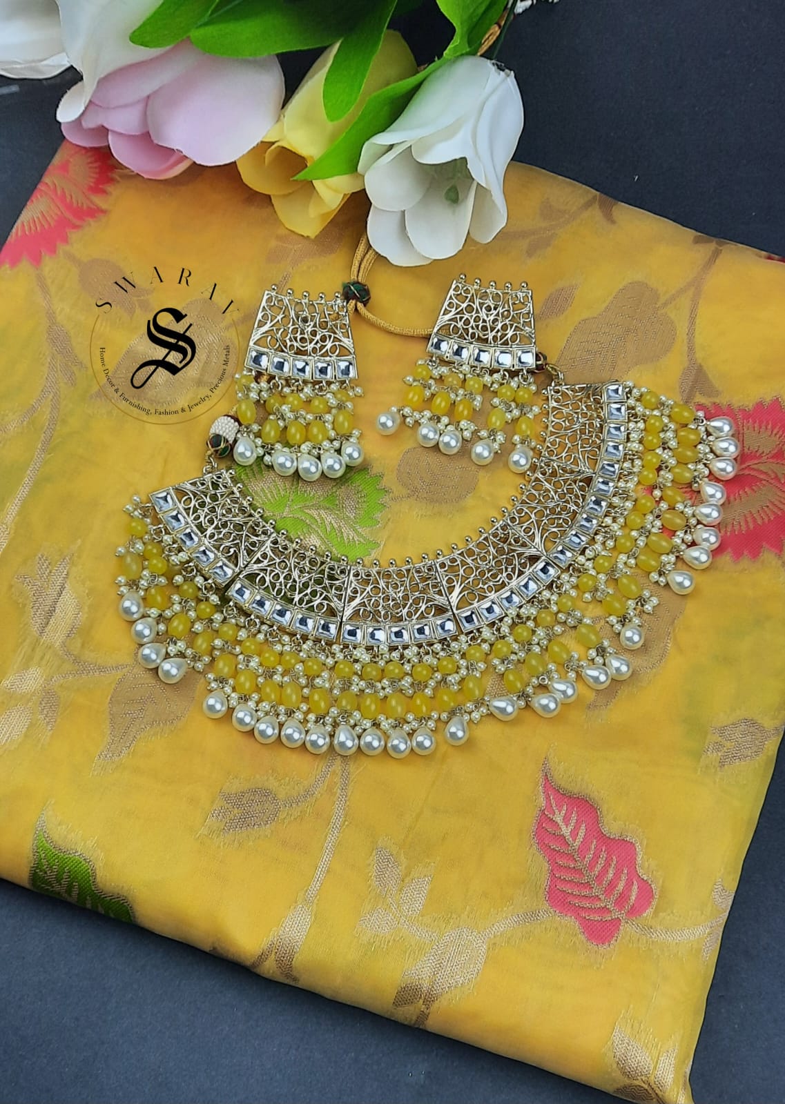 Organza Banarasi with matching Jaipur Jewelry Necklace Set.( 4+ Colors to choose from)
