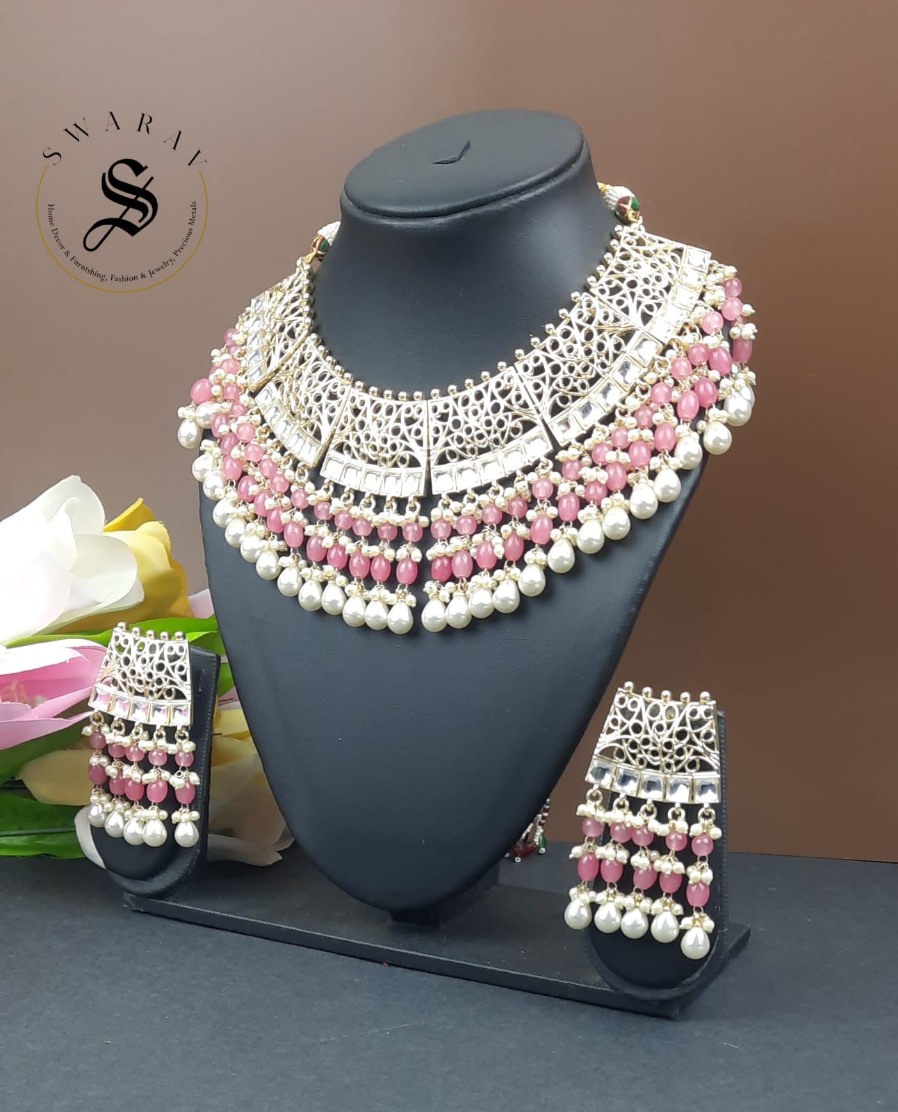 Hand made Kundan and Beads Jaipur Necklace set with Laser cut Design. (Color - Peach)