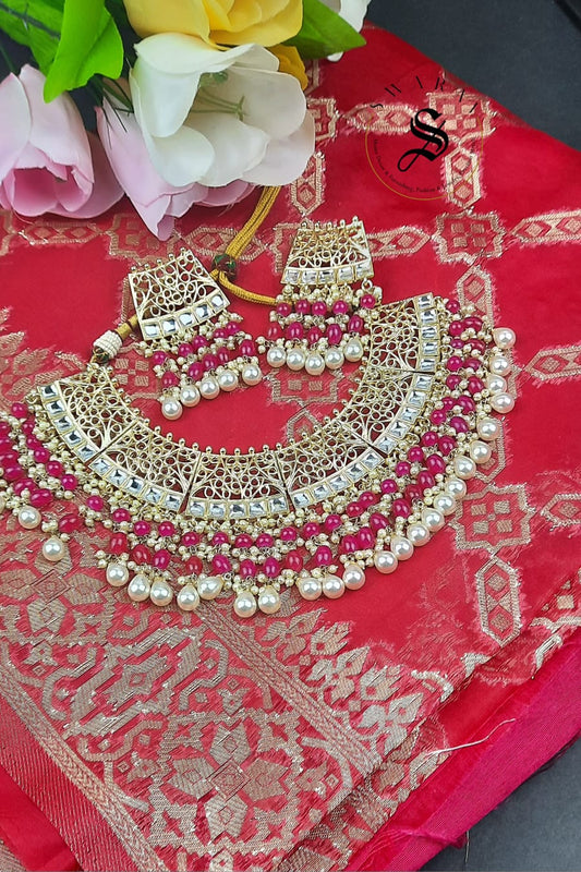 Organza Banarasi with matching Jaipur Jewelry Necklace Set.( 4+ Colors to choose from)