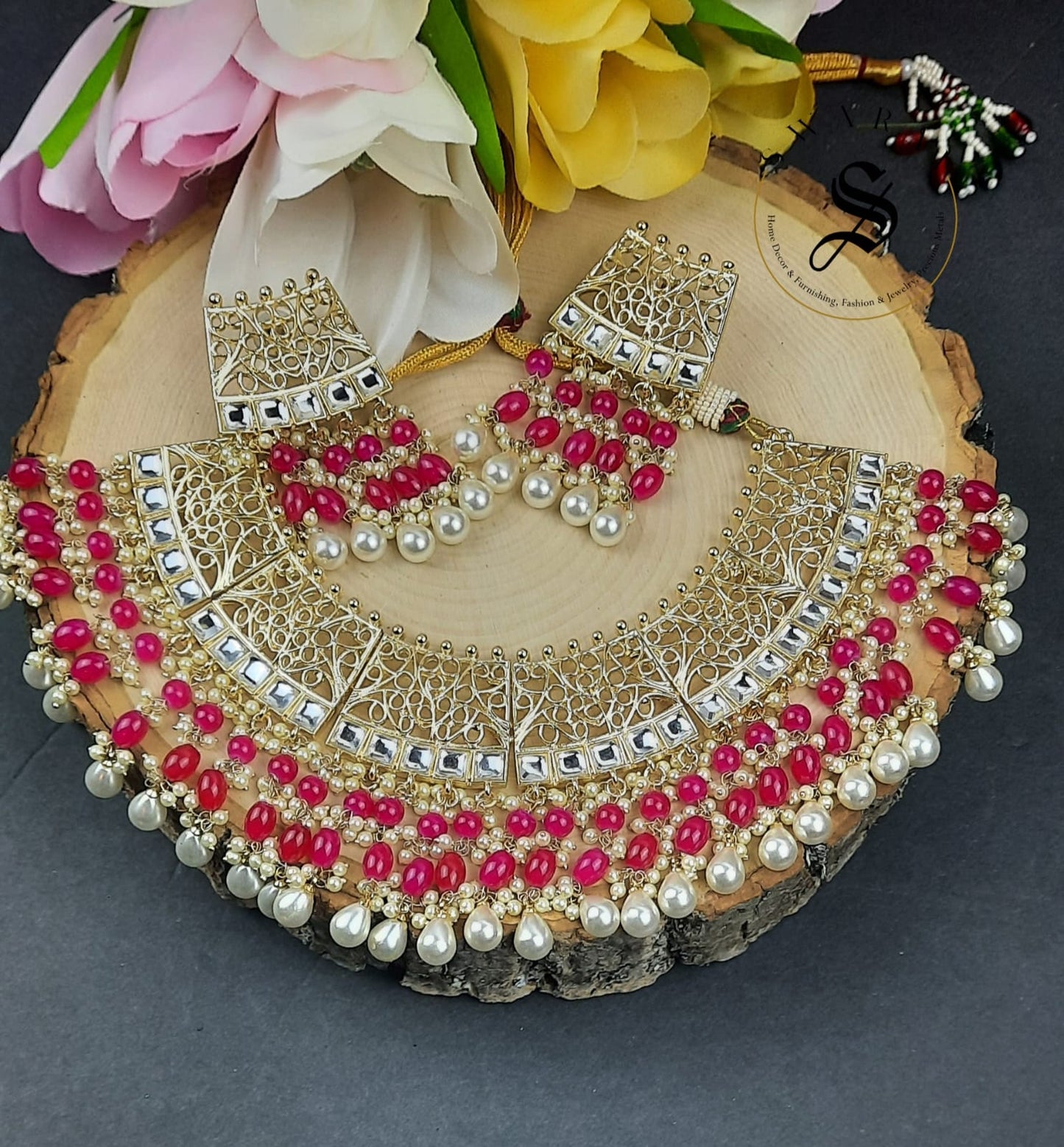 Hand made Kundan and Beads Jaipur Necklace set with Laser cut Design. (Color - Red)