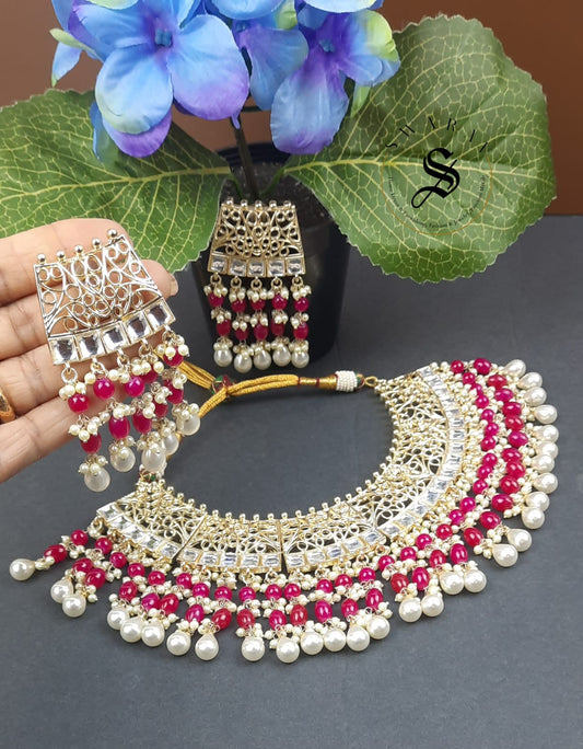 Hand made Kundan and Beads Jaipur Necklace set with Laser cut Design. (Color - Red)