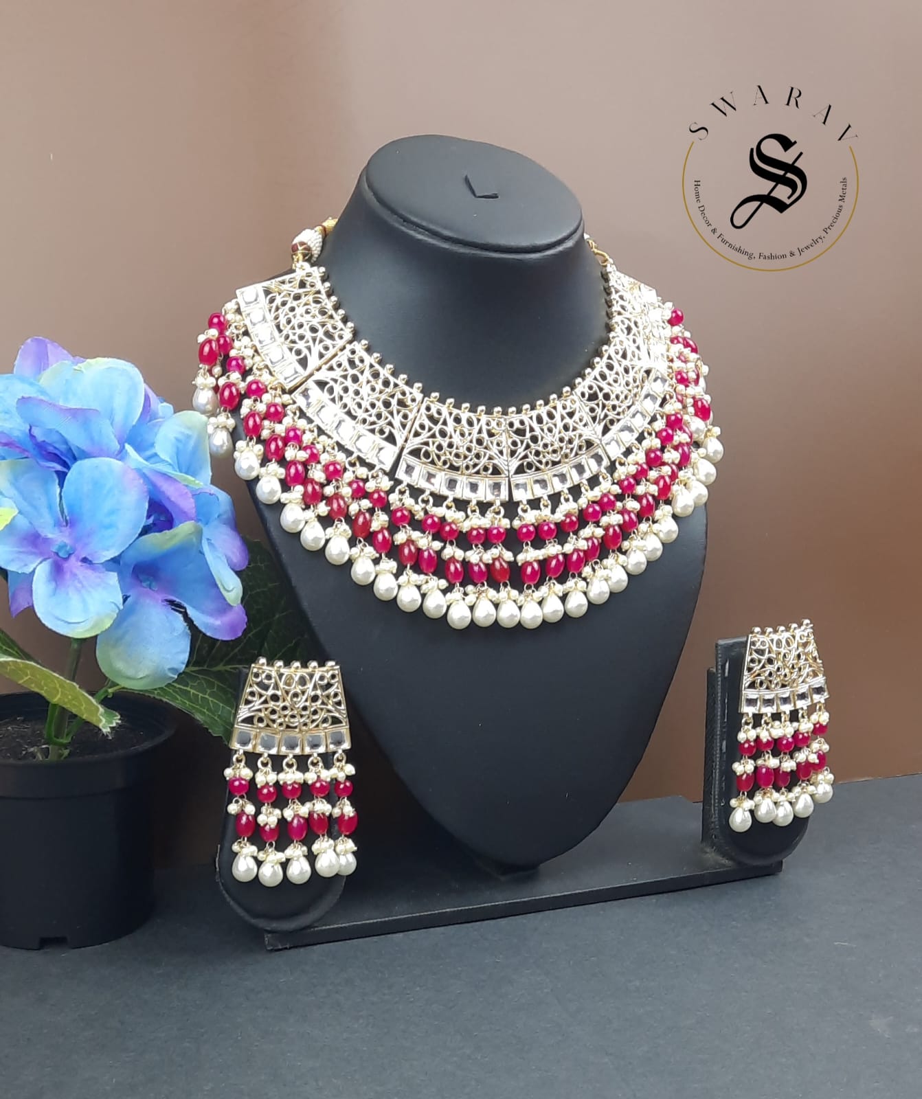 Hand made Kundan and Beads Jaipur Necklace set with Laser cut Design. (Color - Red)