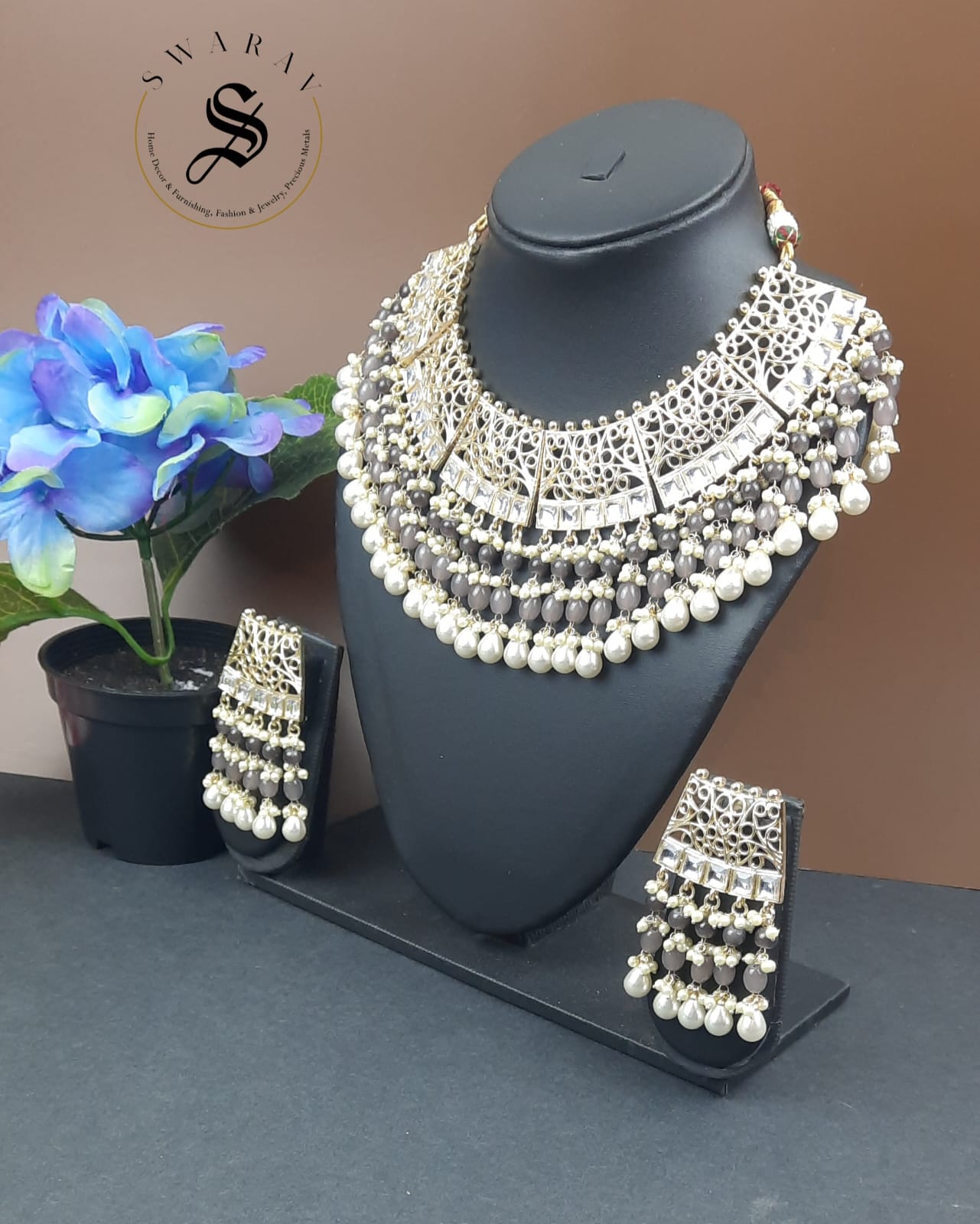 Hand made Kundan and Beads Jaipur Necklace set with Laser cut Design. (Color - Gray )