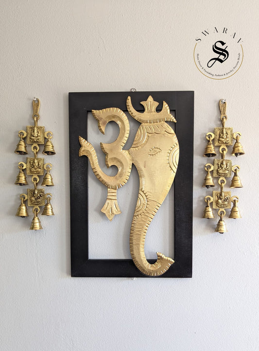 PRE - BOOK. Brass Om Ganesha Frame with side bell Wall Hanging - Set of 3.