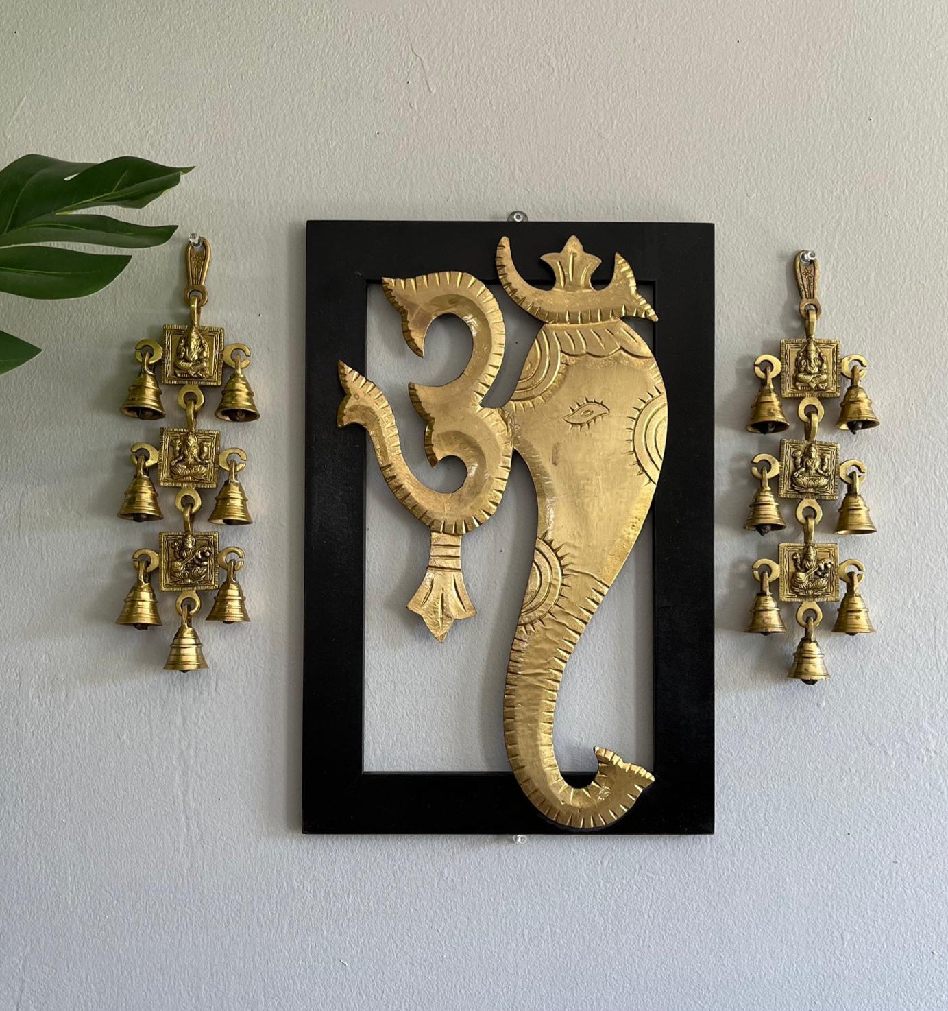 PRE - BOOK. Brass Om Ganesha Frame with side bell Wall Hanging - Set of 3.