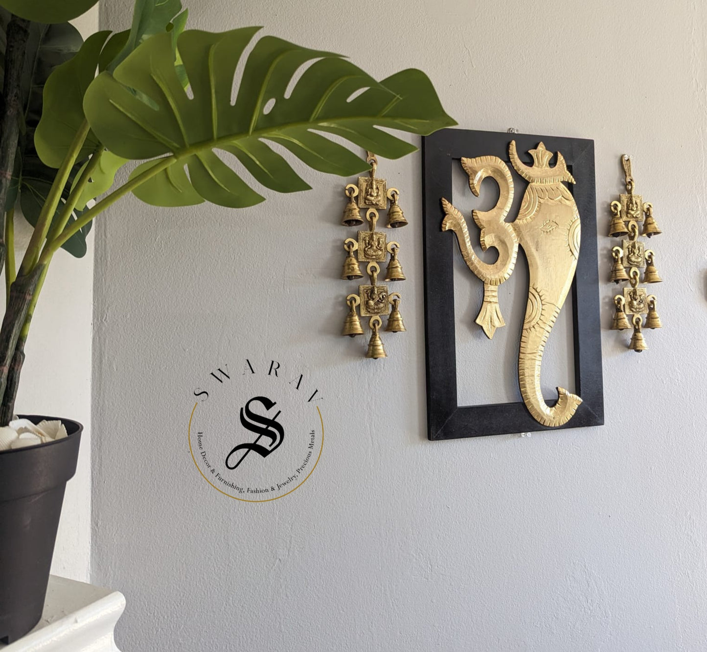 PRE - BOOK. Brass Om Ganesha Frame with side bell Wall Hanging - Set of 3.