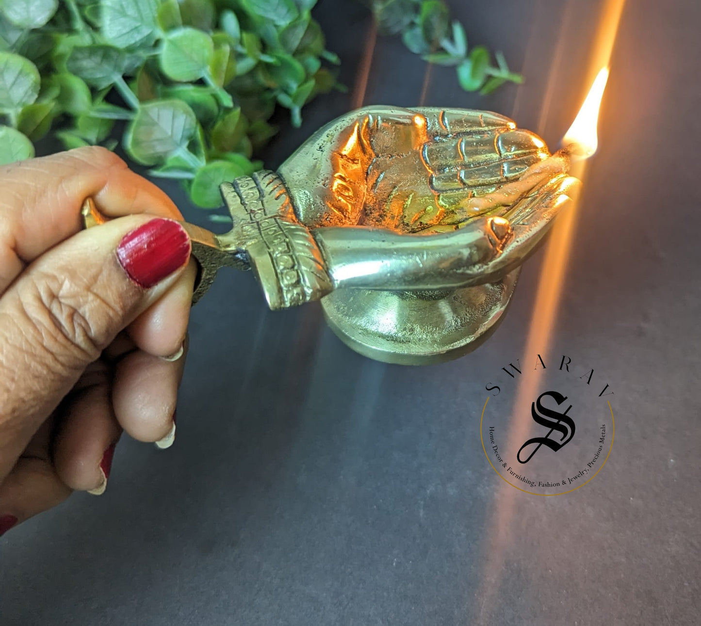 Two in One -  Pure Brass Offering Hand Diya/oil lamp Cum Aarti Diya.