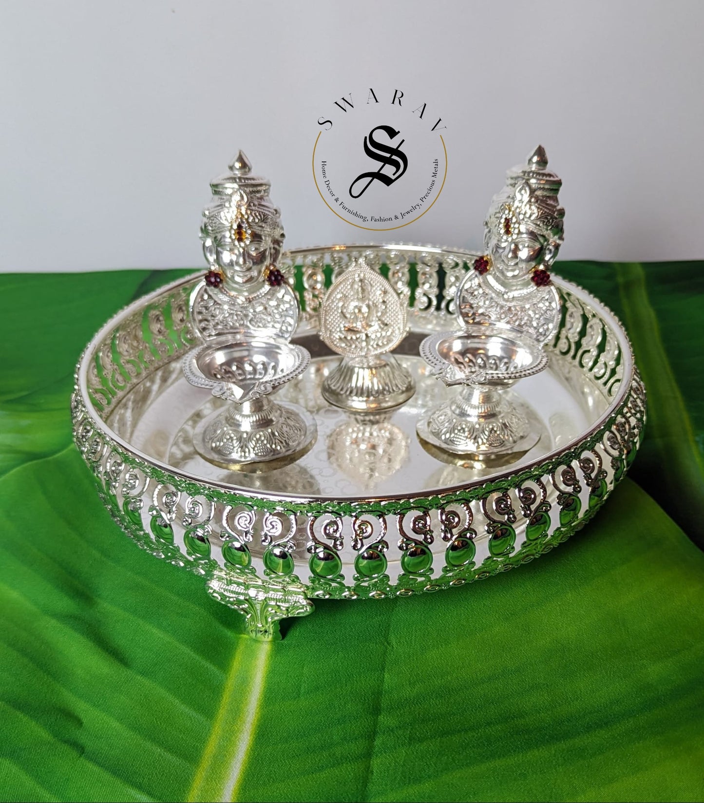 German Silver Combo pack of 3 items -  8 inch plate, Lakshmi Diya set of 2, with FREE  incense stick Holder.