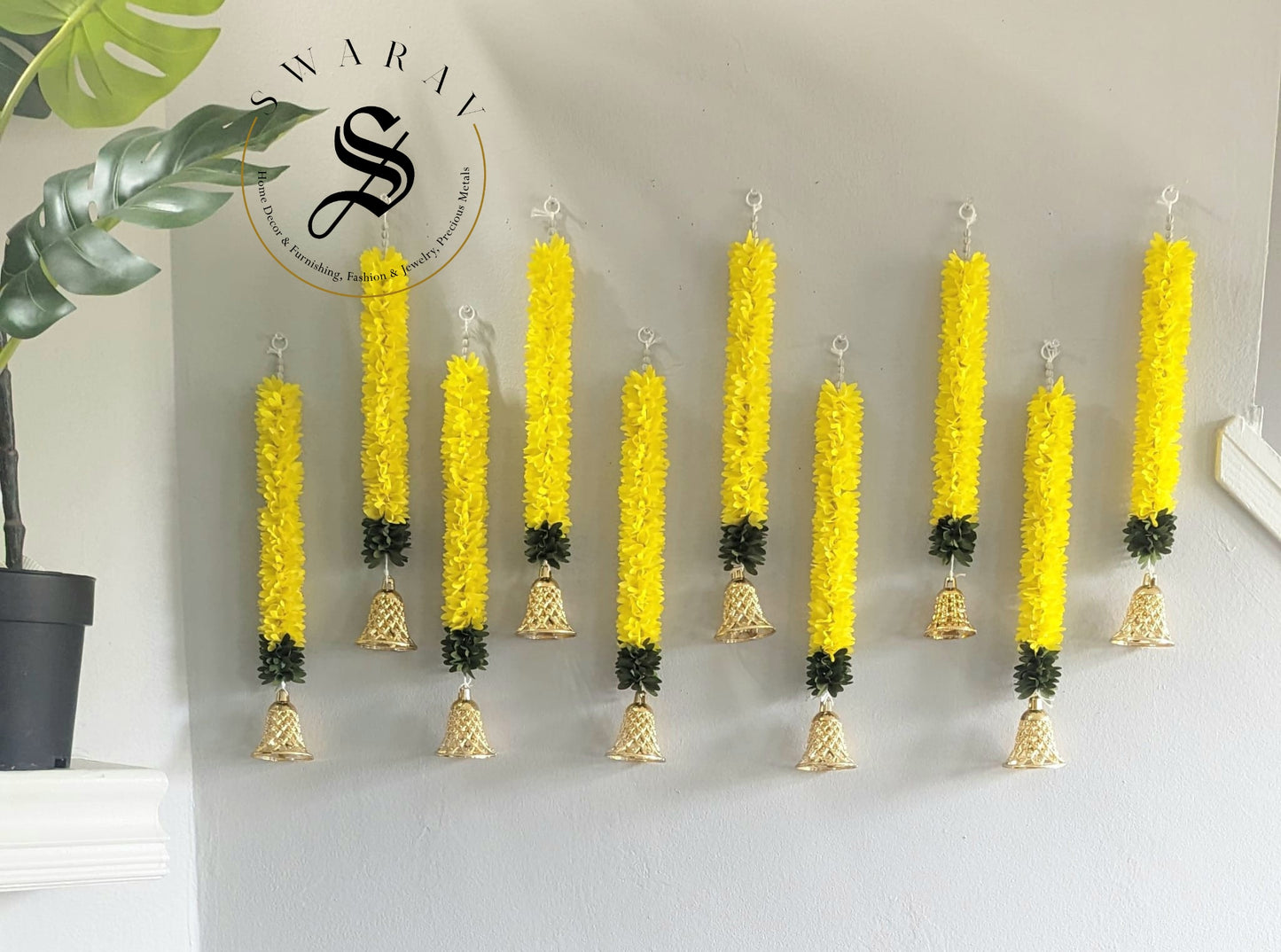 Fabric Toran with Bell - Pack of 10 - Yellow.