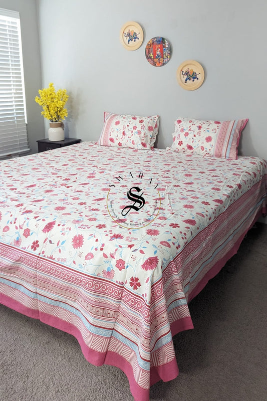 Jaipur Pure Cotton Jumbo King Size Bedsheet Set - 108 by 108 inch. Floral print on White base.