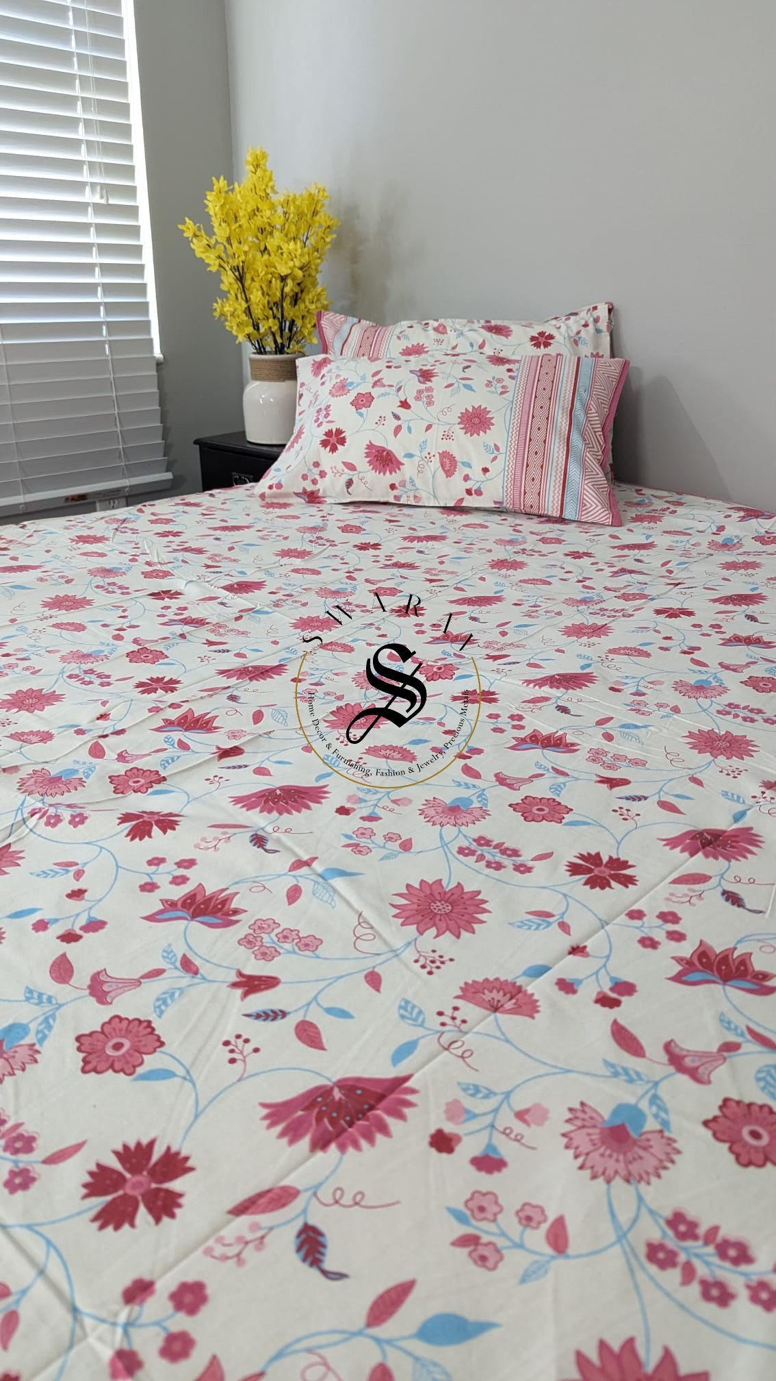 Jaipur Pure Cotton Jumbo King Size Bedsheet Set - 108 by 108 inch. Floral print on White base.