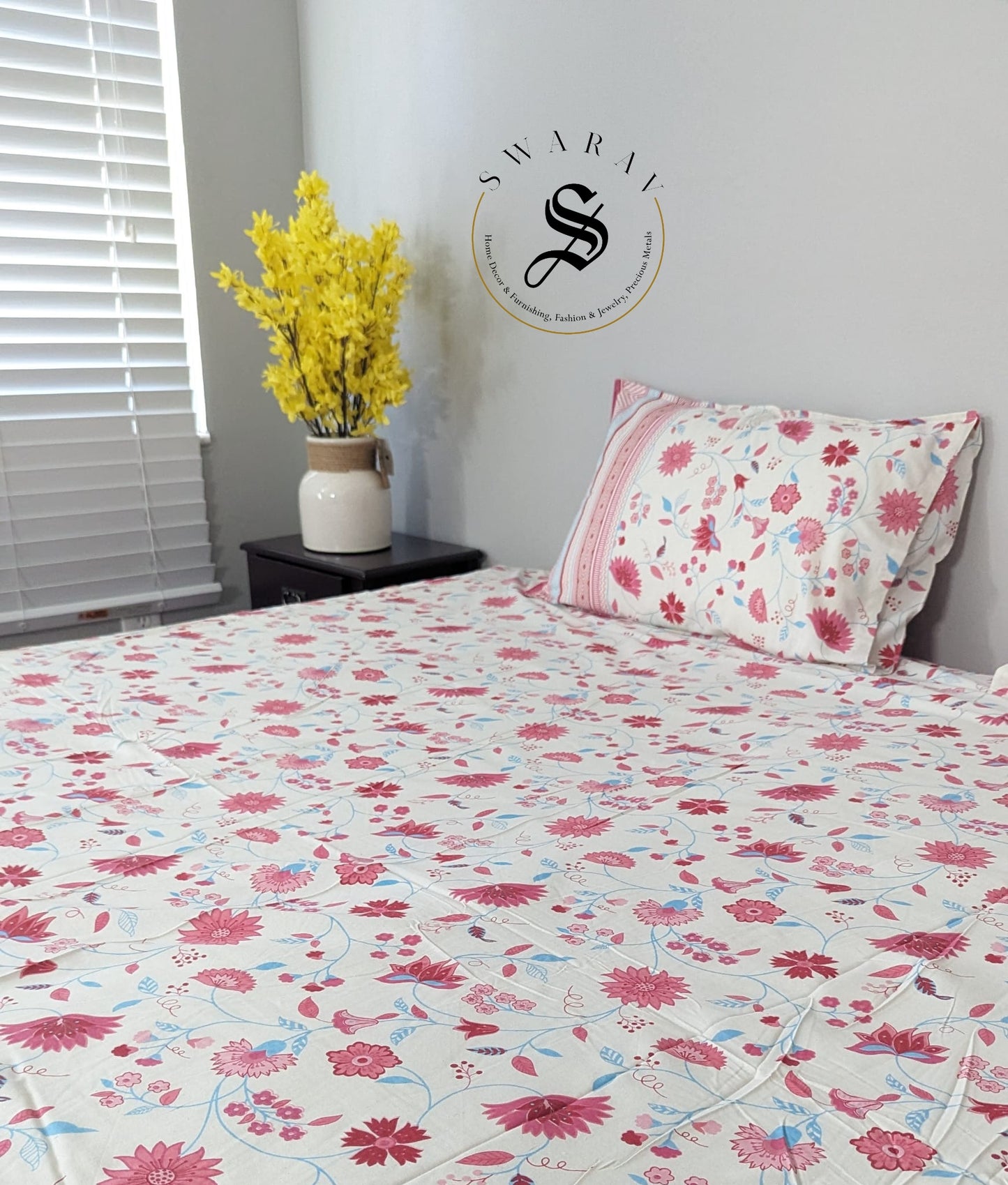 Jaipur Pure Cotton Jumbo King Size Bedsheet Set - 108 by 108 inch. Floral print on White base.