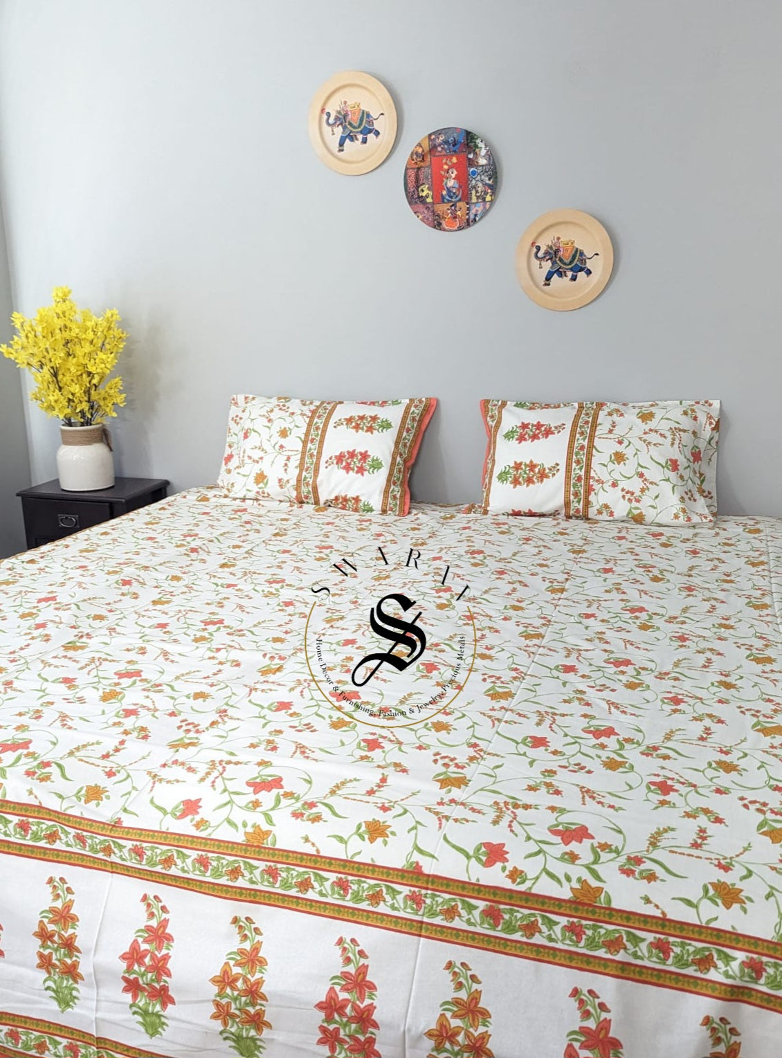 Jaipur Pure Cotton Jumbo King Size Bedsheet Set - 108 by 108 inch. Floral print on white base.