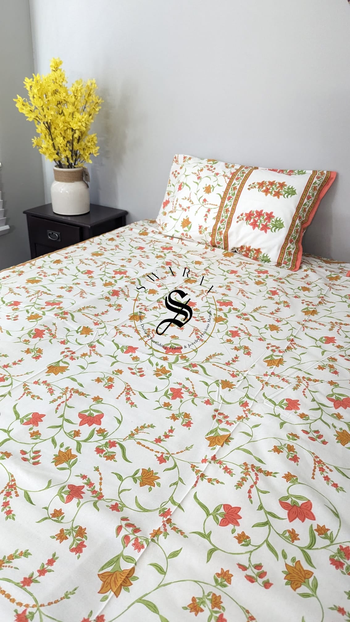 Jaipur Pure Cotton Jumbo King Size Bedsheet Set - 108 by 108 inch. Floral print on white base.