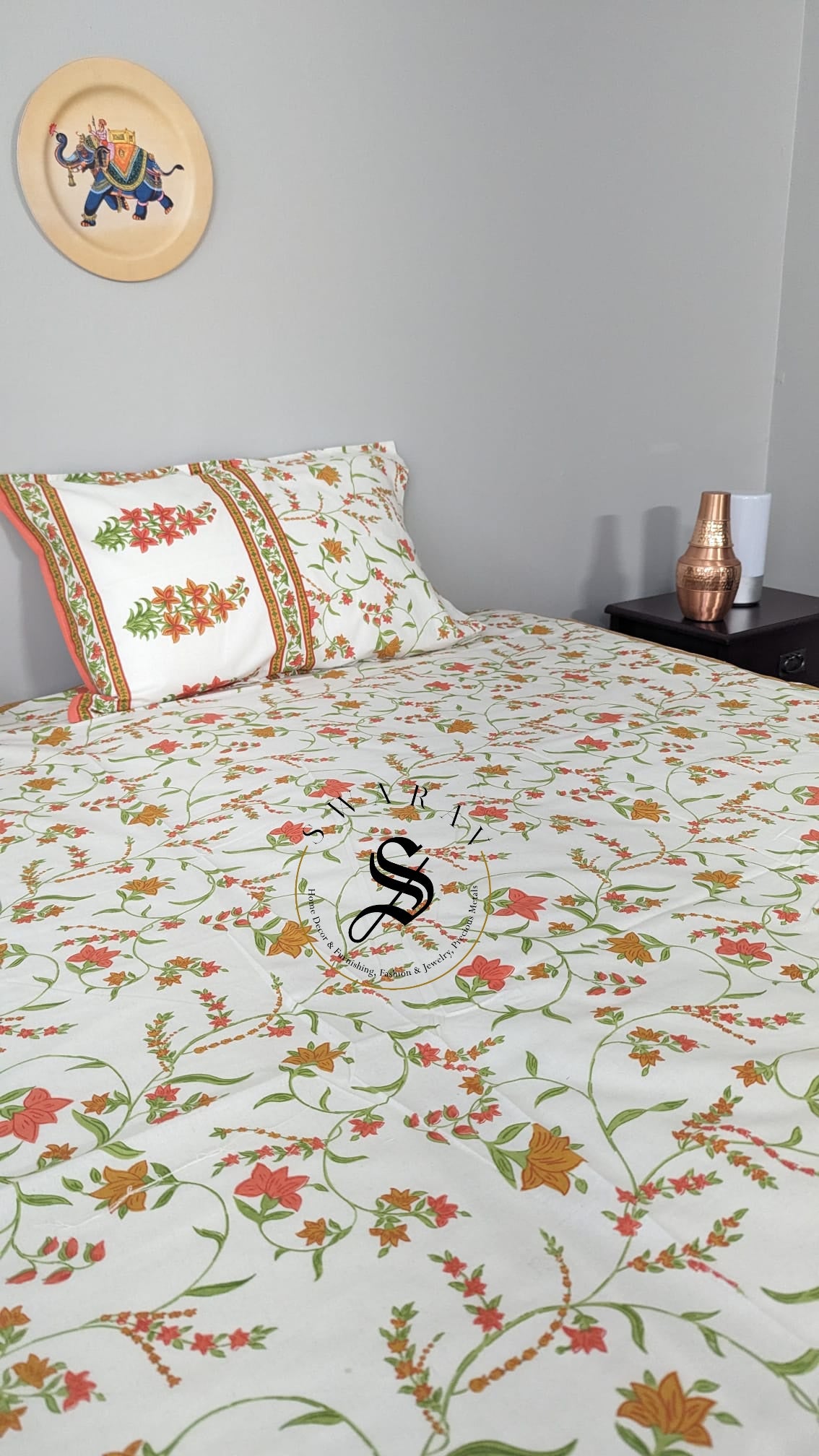 Jaipur Pure Cotton Jumbo King Size Bedsheet Set - 108 by 108 inch. Floral print on white base.