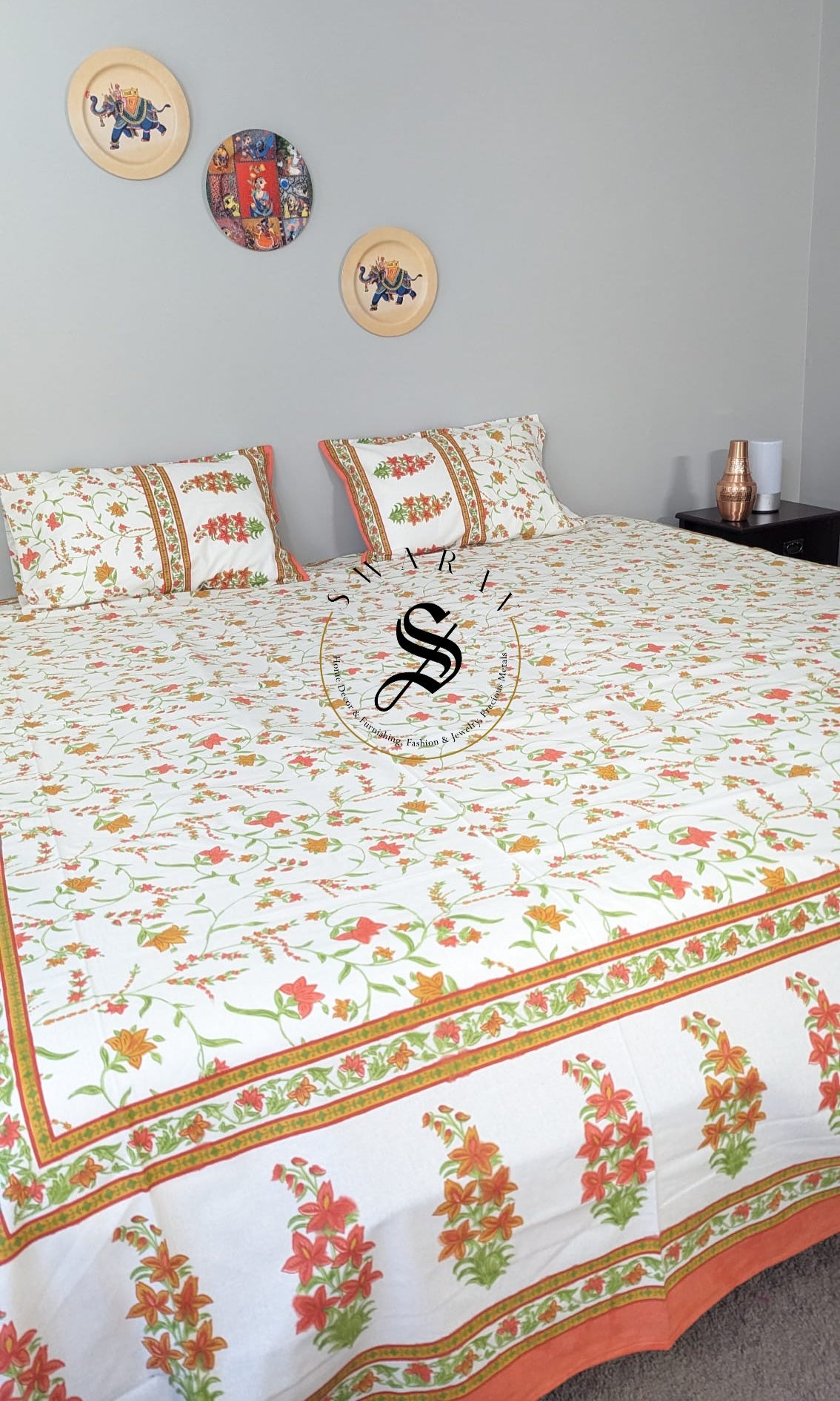 Jaipur Pure Cotton Jumbo King Size Bedsheet Set - 108 by 108 inch. Floral print on white base.