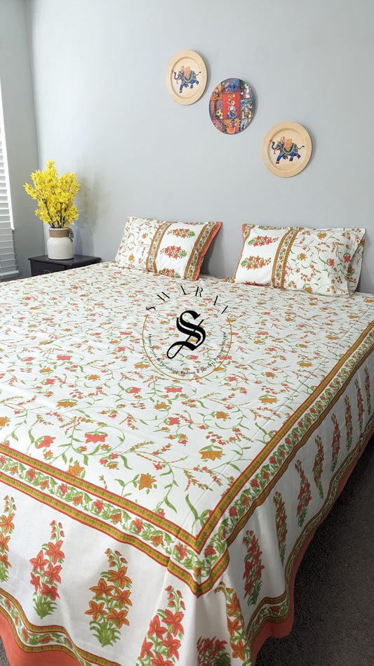 Jaipur Pure Cotton Jumbo King Size Bedsheet Set - 108 by 108 inch. Floral print on white base.