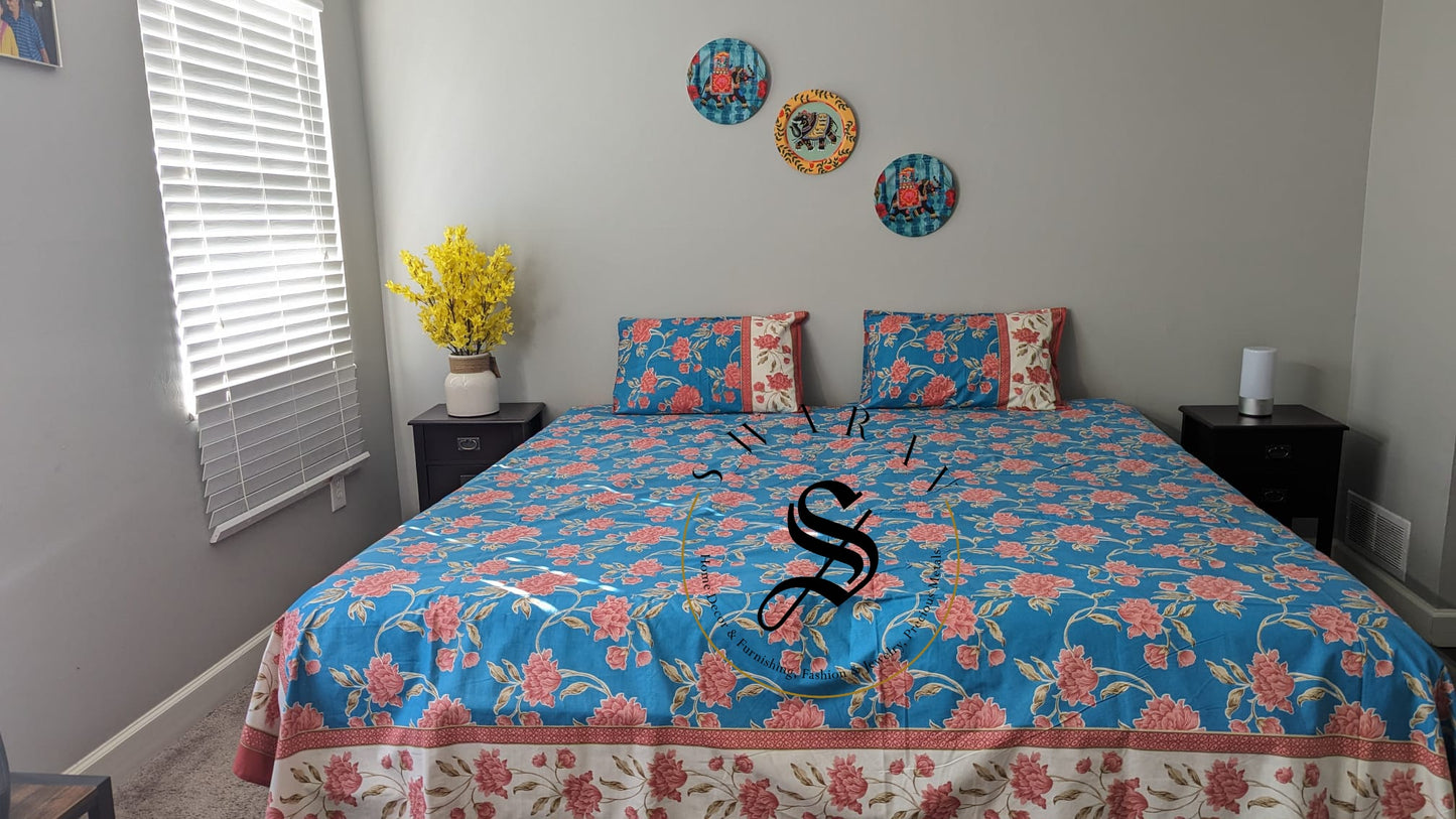 Jaipur Pure Cotton Jumbo King Size Bedsheet Set - 108 by 108 inch. Floral print on Teal Blue.