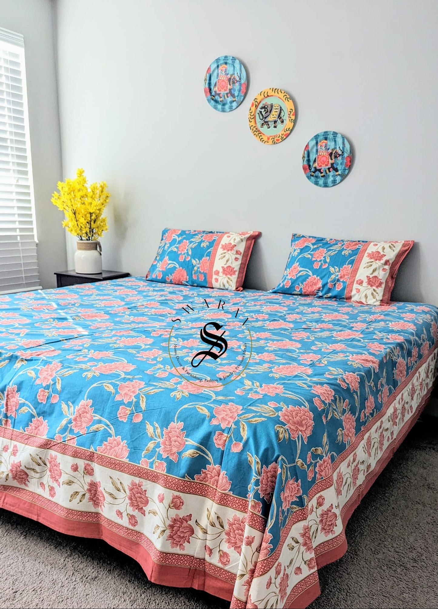 Jaipur Pure Cotton Jumbo King Size Bedsheet Set - 108 by 108 inch. Floral print on Teal Blue.