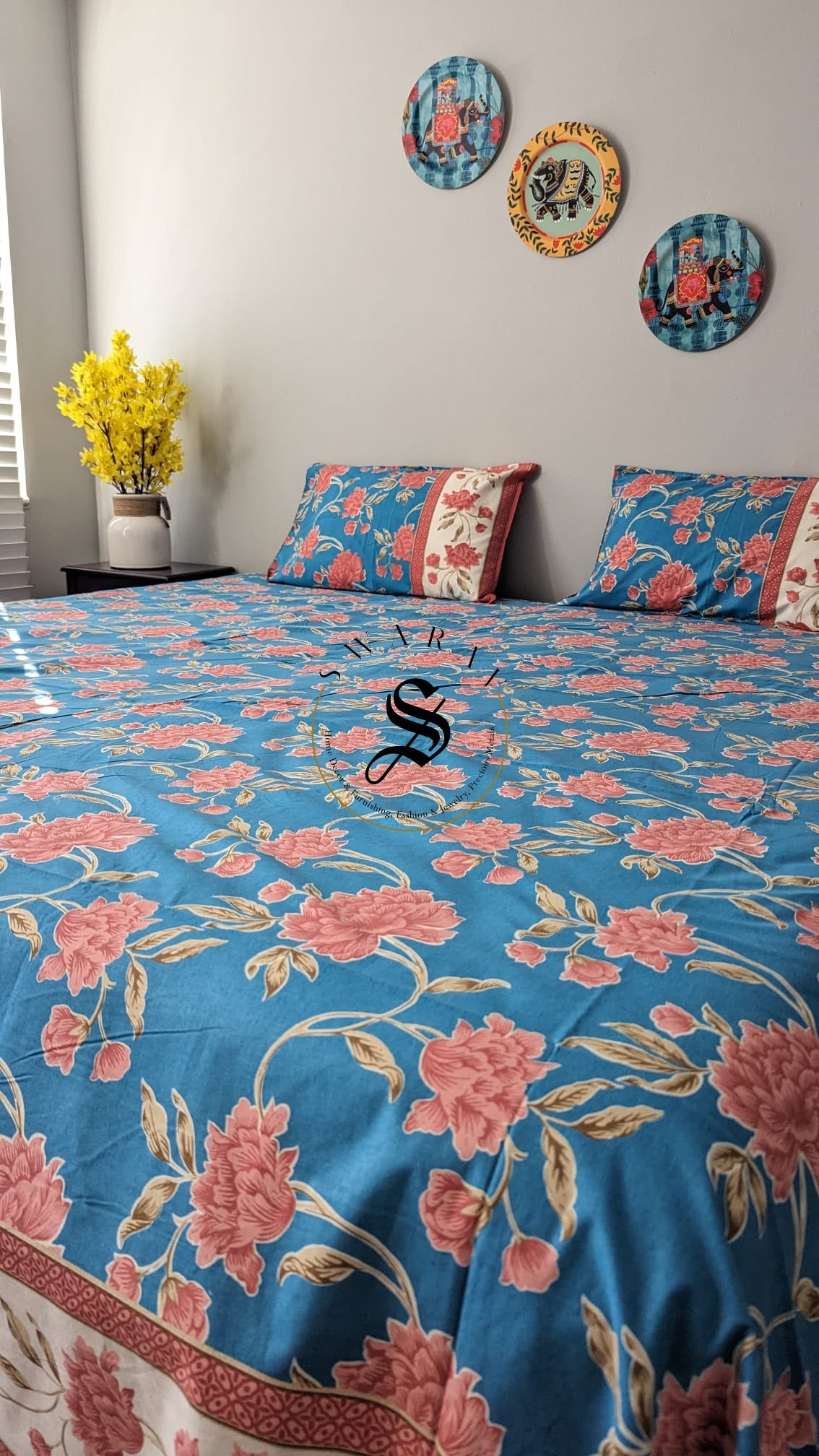 Jaipur Pure Cotton Jumbo King Size Bedsheet Set - 108 by 108 inch. Floral print on Teal Blue.