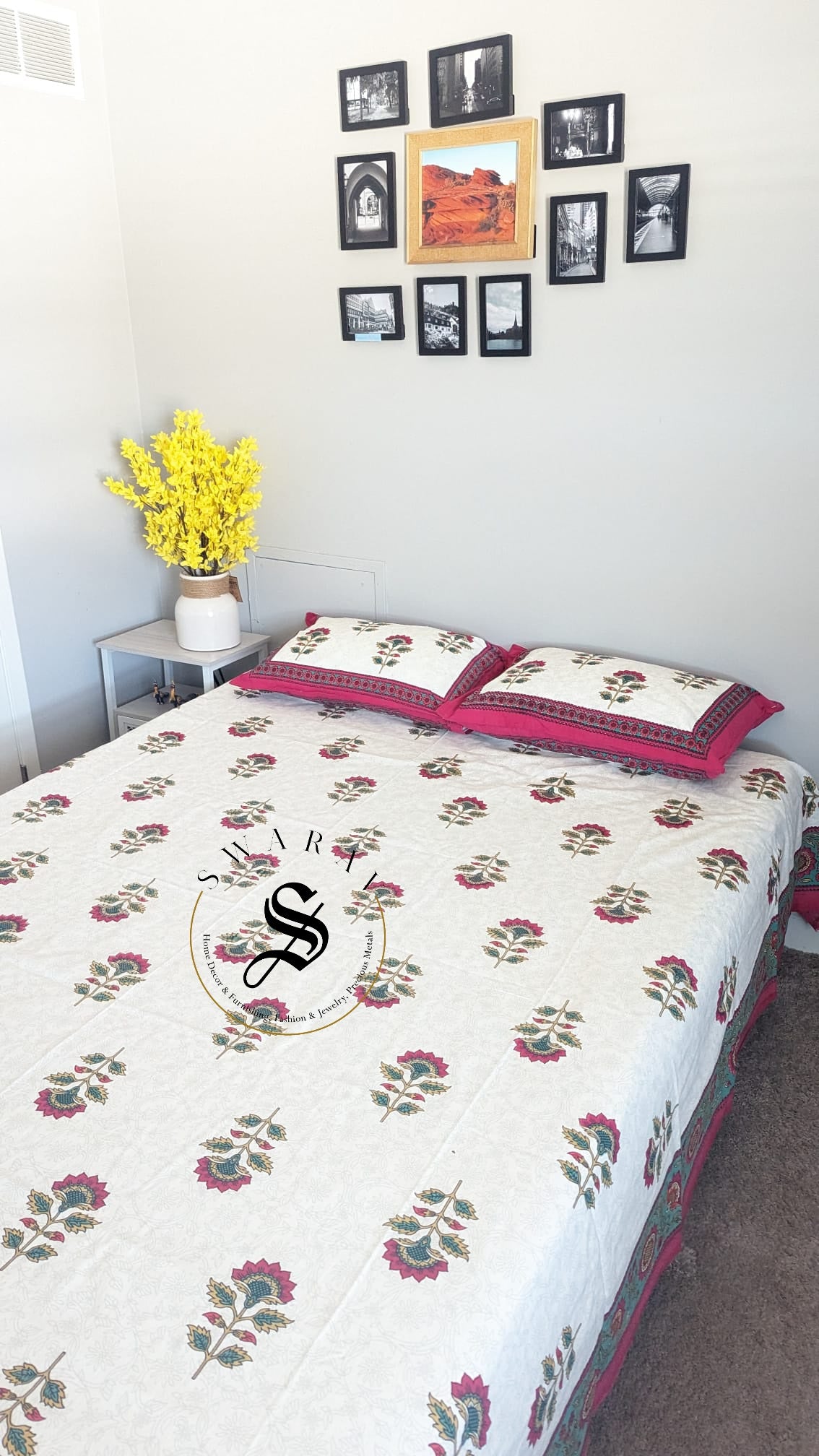 Jaipur Pure Cotton Queen Size Bedsheet Set - 102 by 88 inch. Floral stem print on white.