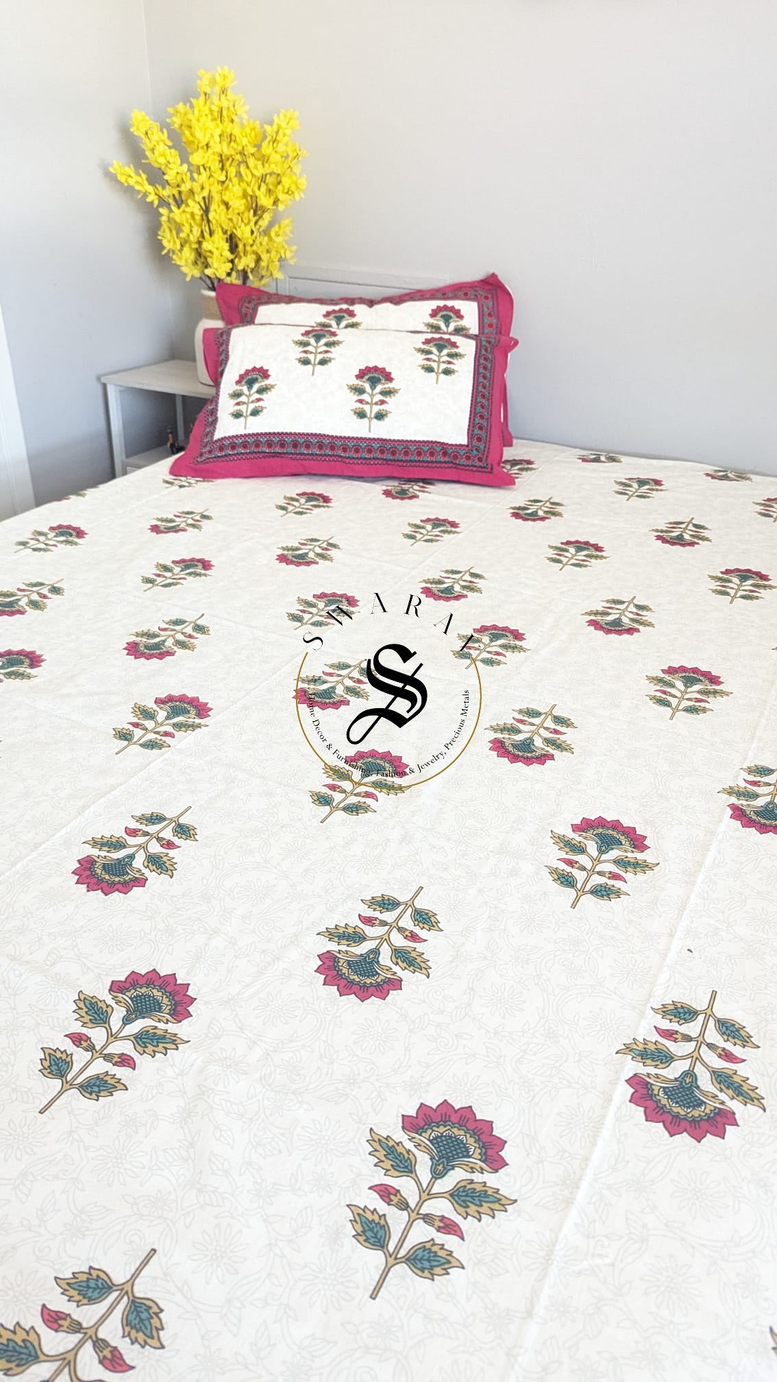 Jaipur Pure Cotton Queen Size Bedsheet Set - 102 by 88 inch. Floral stem print on white.