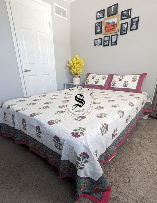 Jaipur Pure Cotton Queen Size Bedsheet Set - 102 by 88 inch. Floral stem print on white.