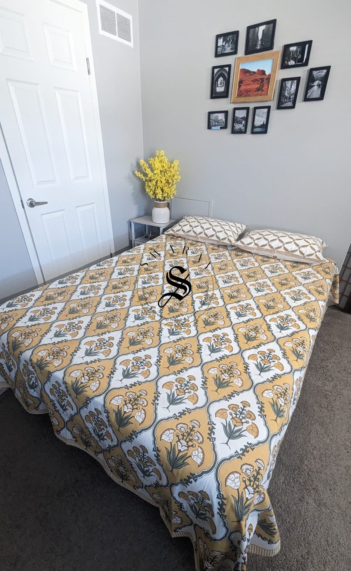 Jaipur Pure Cotton Queen Size Bedsheet Set - 102 by 88 inch. Mustard Yellow Bouquet print.