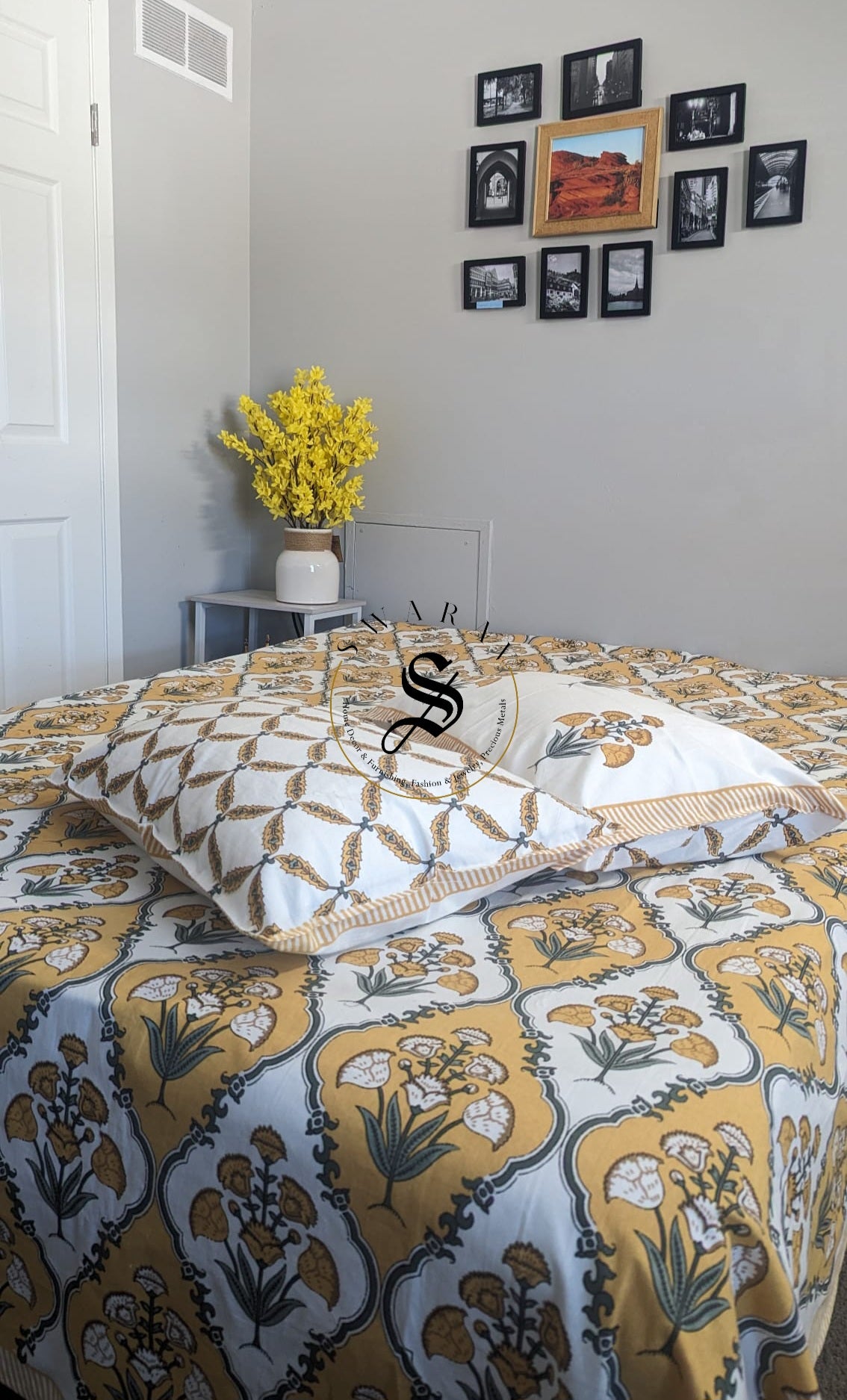 Jaipur Pure Cotton Queen Size Bedsheet Set - 102 by 88 inch. Mustard Yellow Bouquet print.