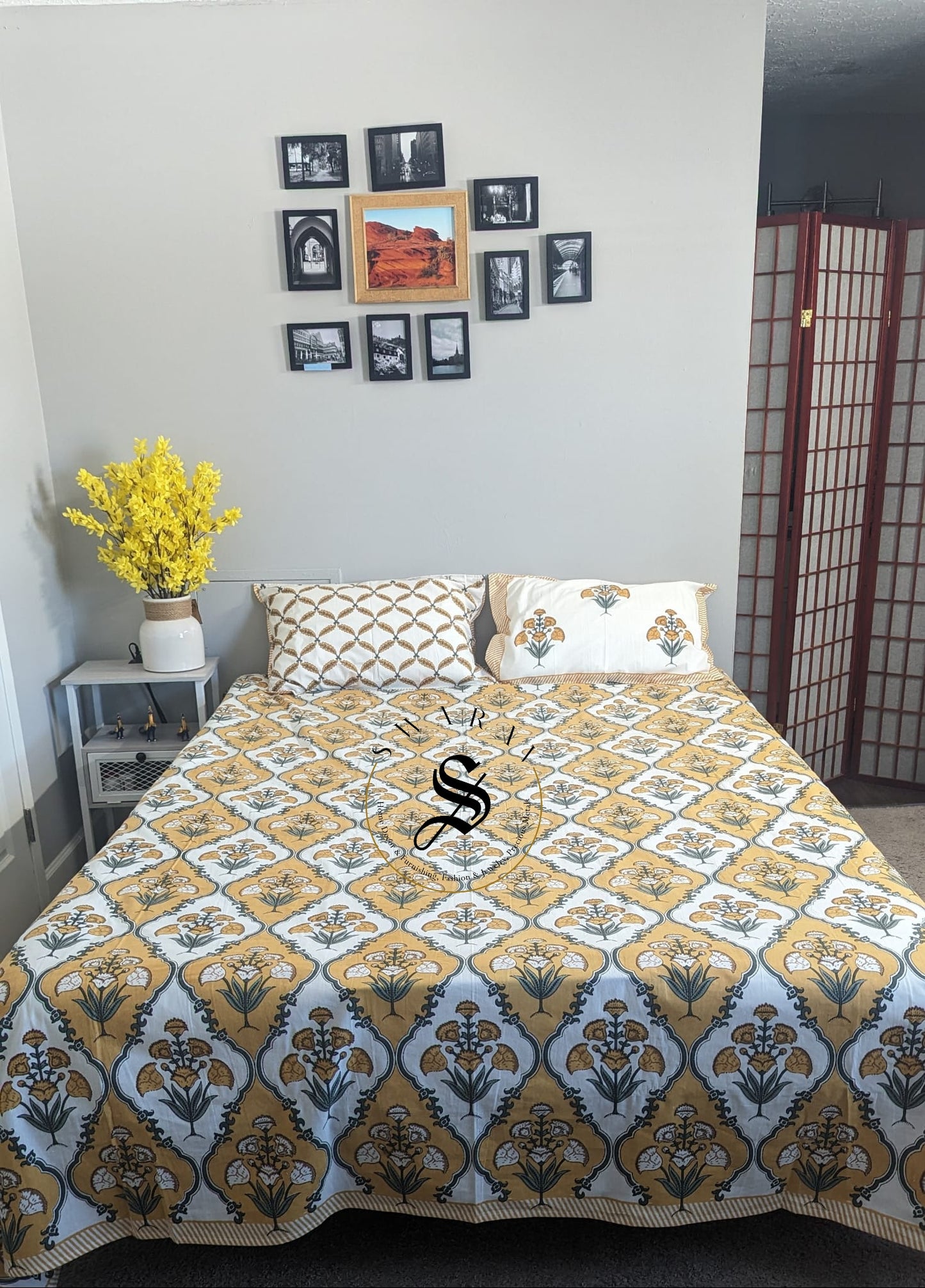 Jaipur Pure Cotton Queen Size Bedsheet Set - 102 by 88 inch. Mustard Yellow Bouquet print.