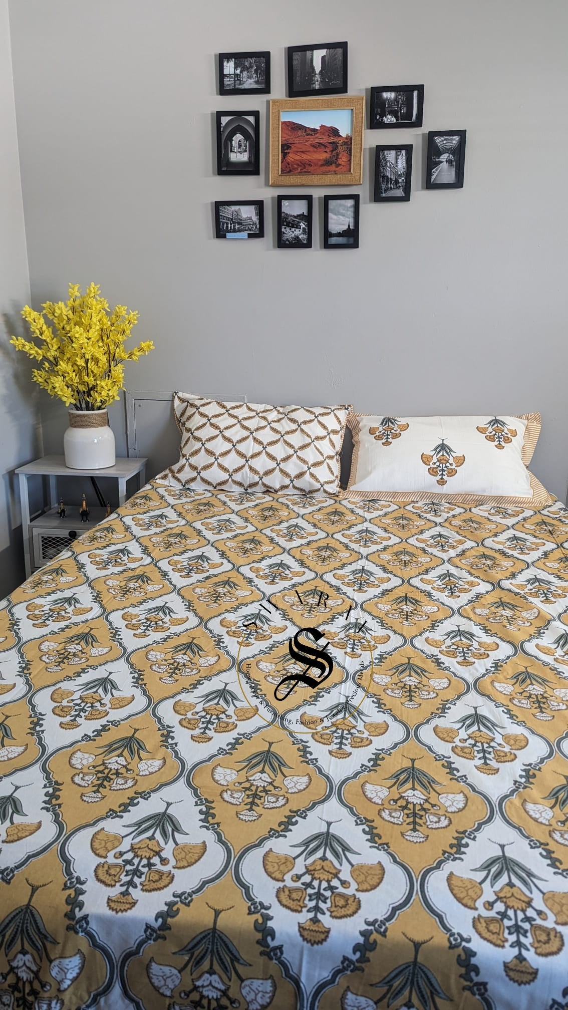 Jaipur Pure Cotton Queen Size Bedsheet Set - 102 by 88 inch. Mustard Yellow Bouquet print.