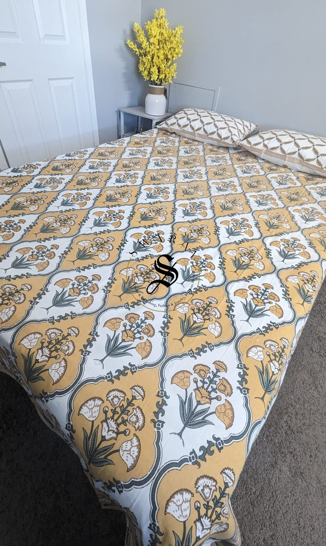 Jaipur Pure Cotton Queen Size Bedsheet Set - 102 by 88 inch. Mustard Yellow Bouquet print.