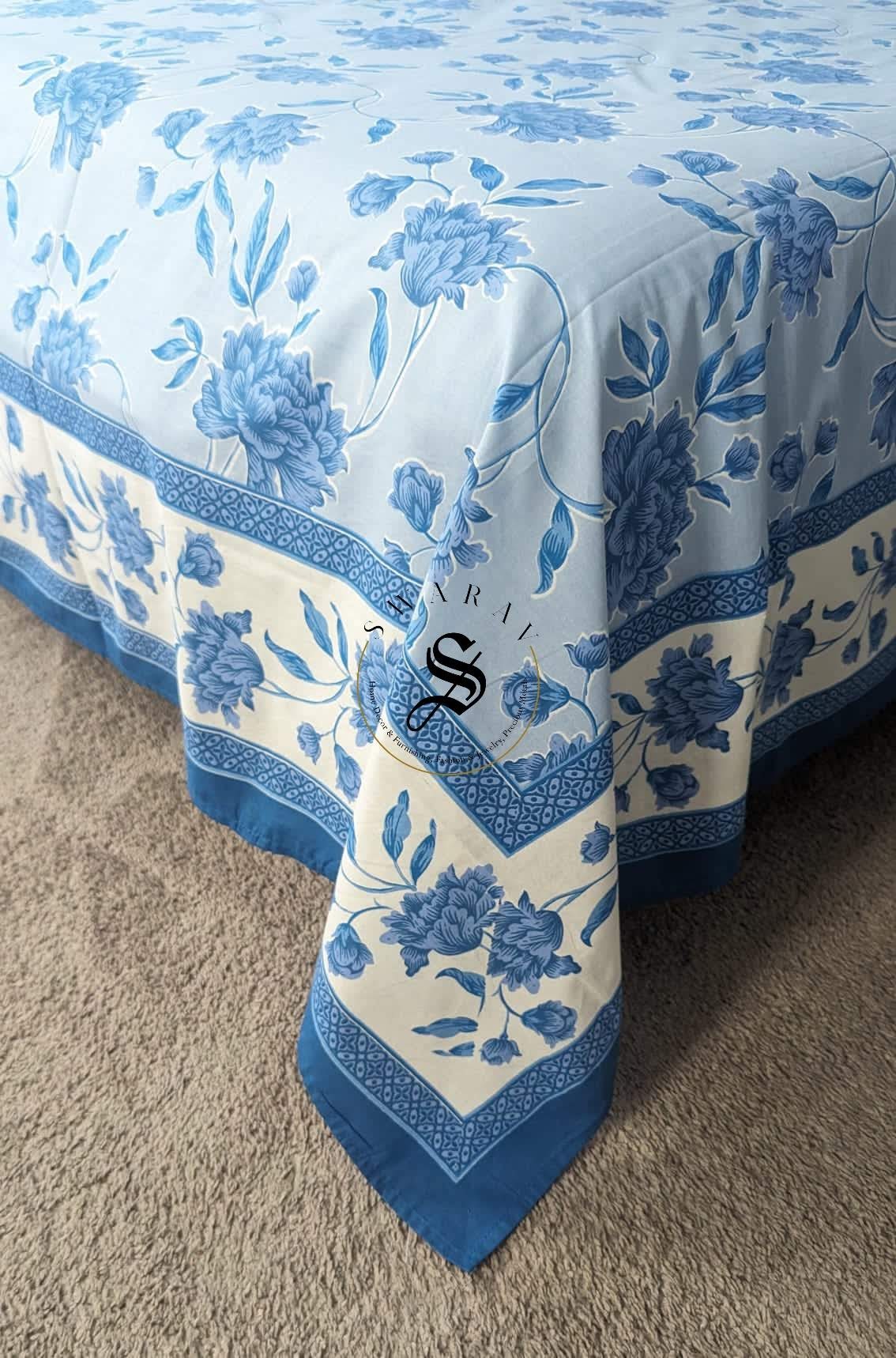 Jaipur Pure Cotton Jumbo King Size Bedsheet Set - 108 by 108 inch. Floral print on Ocean Blue.