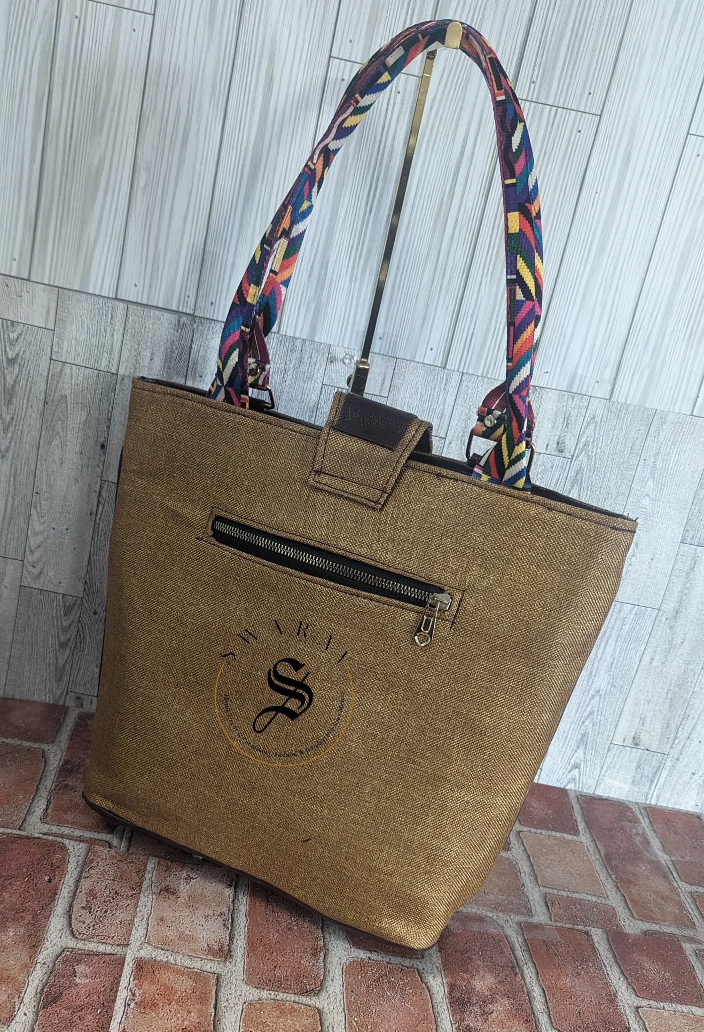 Women's Jute Tote Bag. Color - Golden Brown. Size: 13 by 14 by 5 inch.