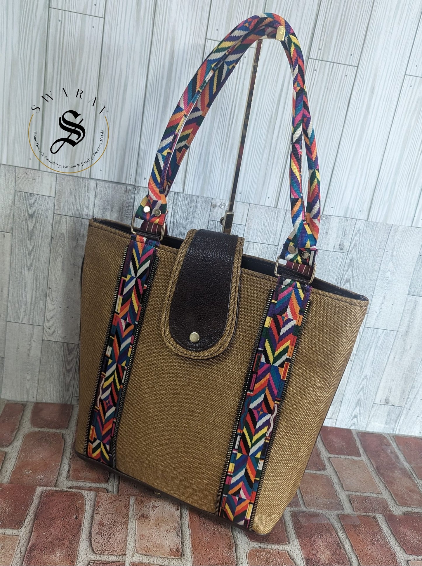 Women's Jute Tote Bag. Color - Golden Brown. Size: 13 by 14 by 5 inch.