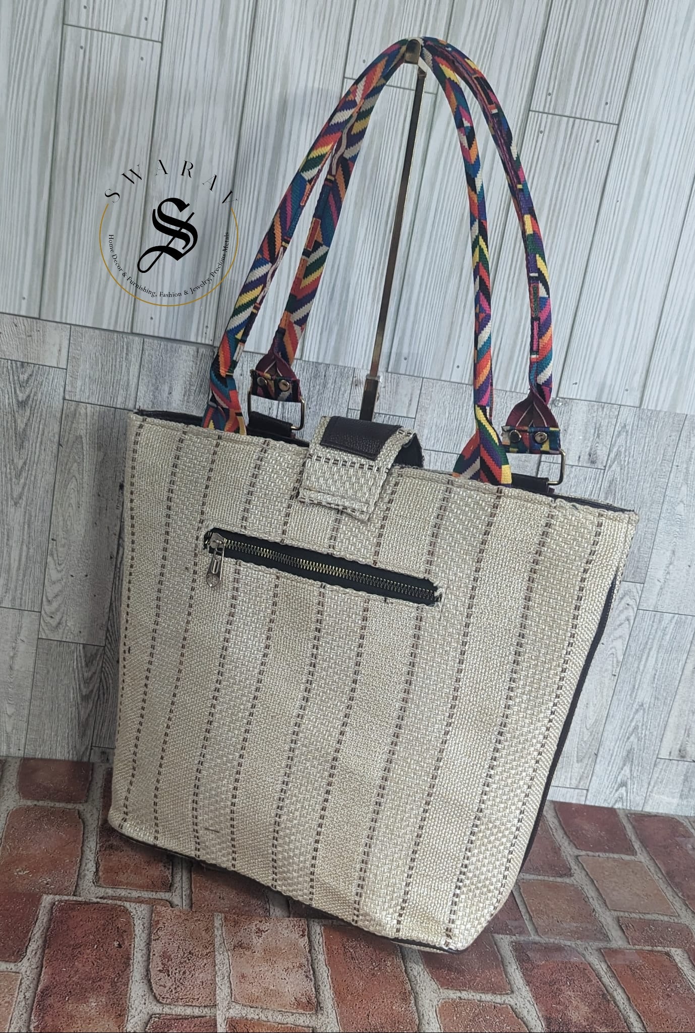 Women's Jute Tote Bag. Color - Off White. Size: 13 by 14 by 5 inch.