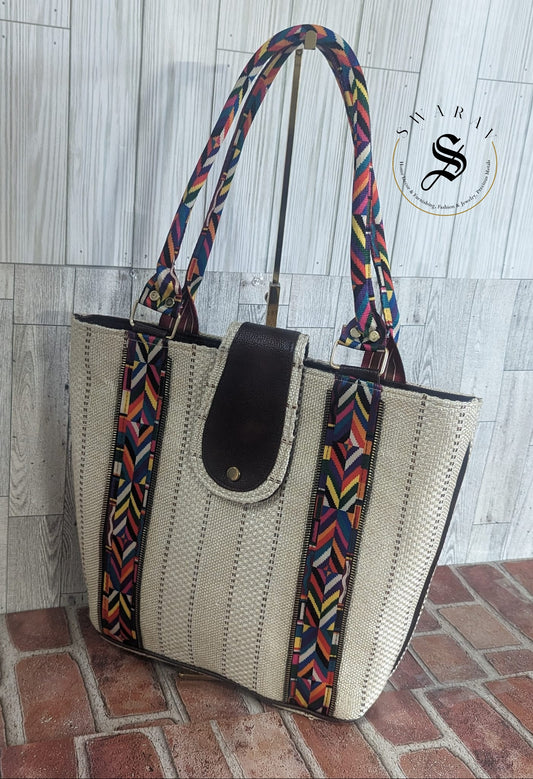 Women's Jute Tote Bag. Color - Off White. Size: 13 by 14 by 5 inch.