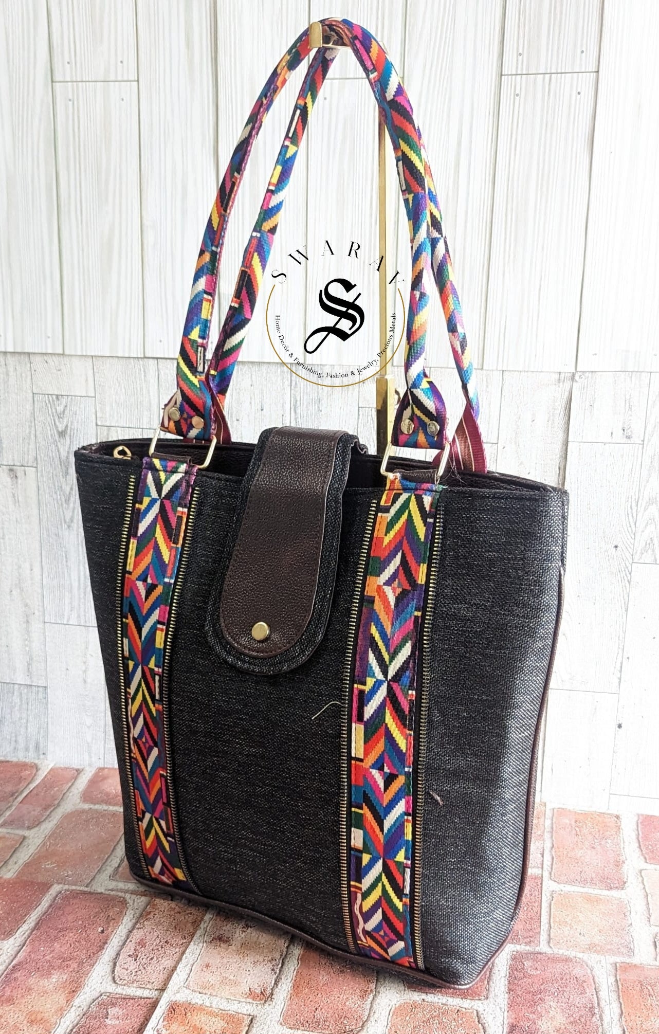 Women's Jute Tote Bag. Color - Black. Size: 13 by 14 by 5 inch