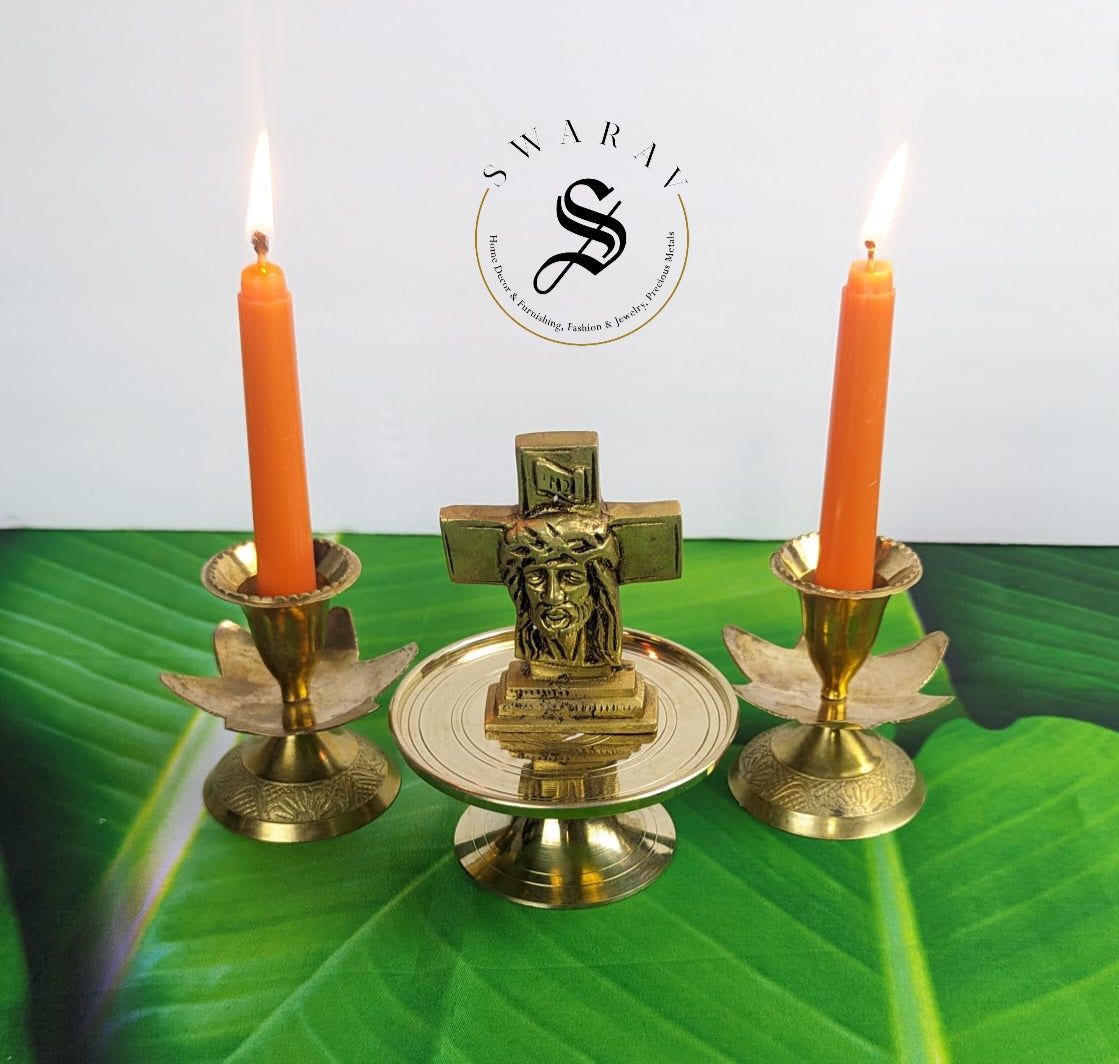 Pure Brass Jesus Christ idol  on pedestal with candle Holders. ( Set of 4 )